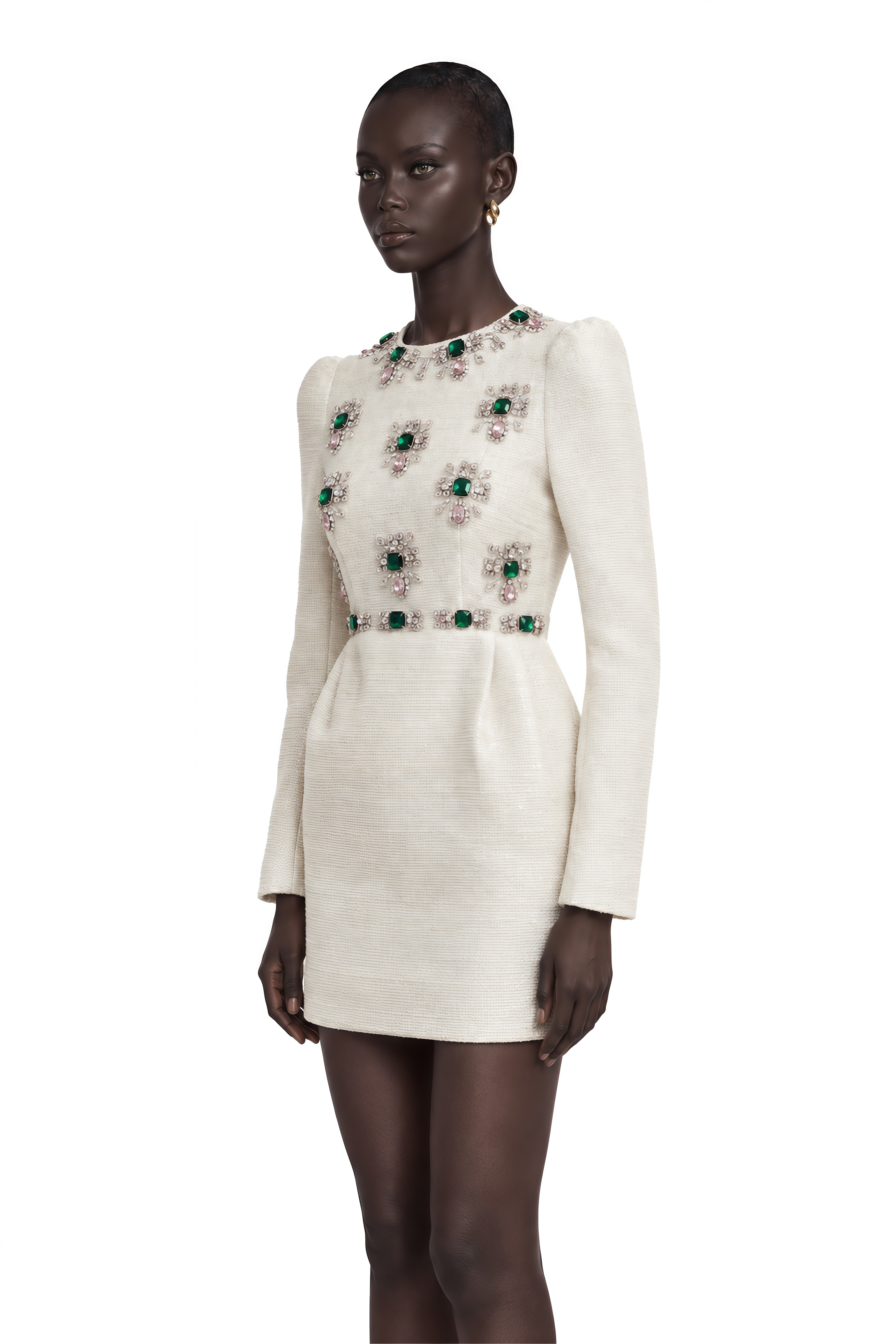 Pauline White Tweed Bead-Embellished Mini Dress