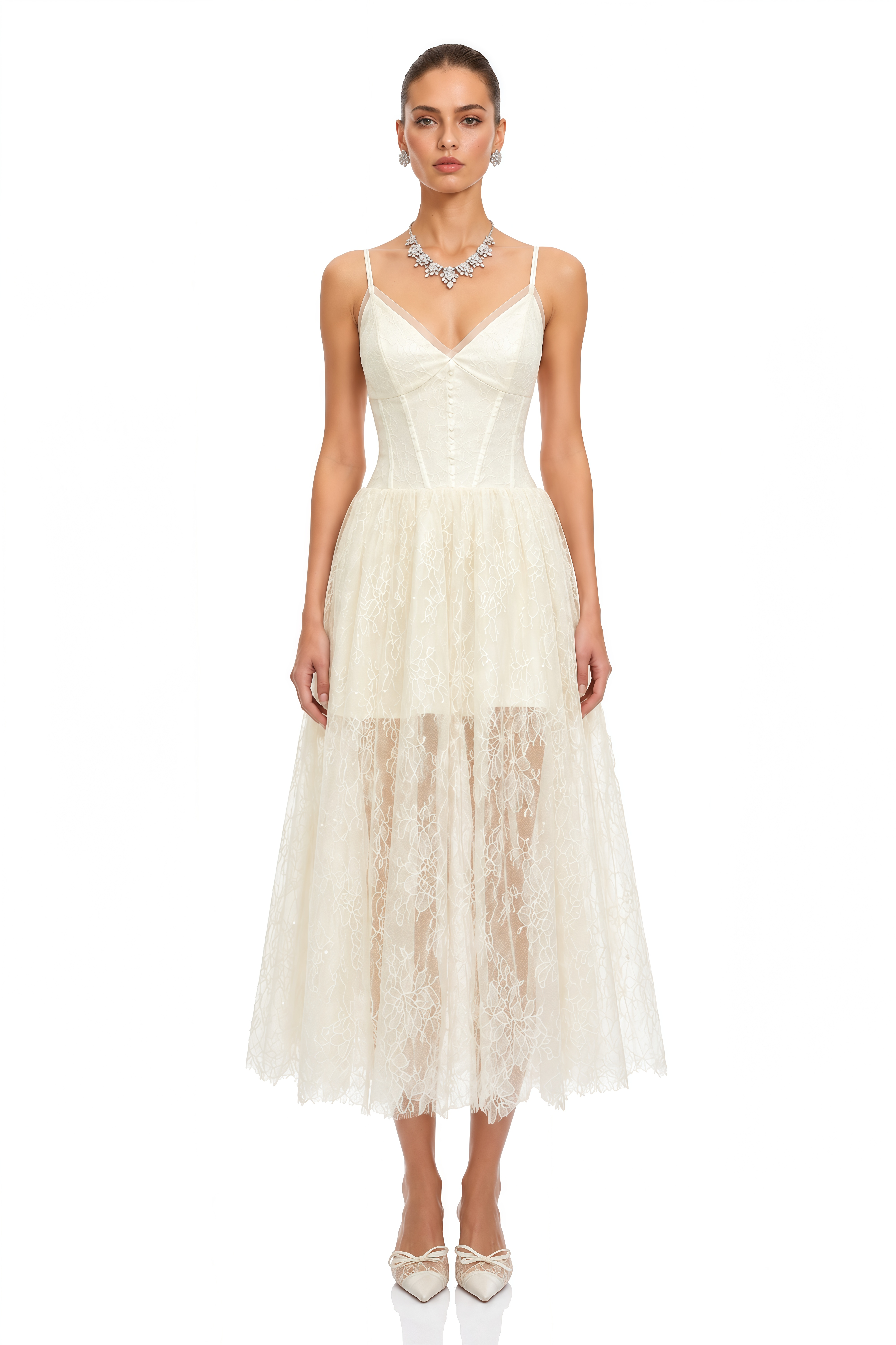 Ikaroa Cream Sweetheart Lace Midi Dress