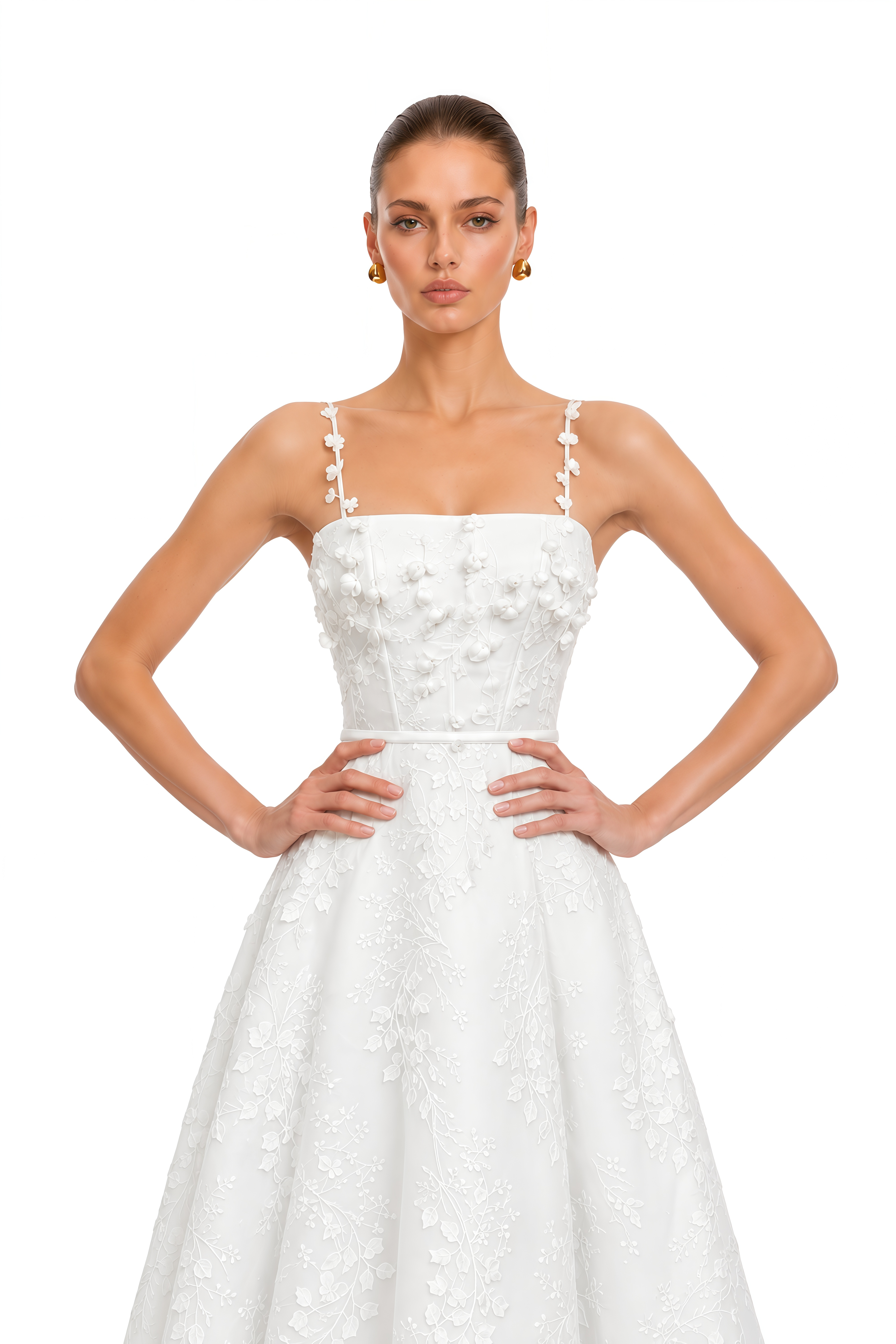 Loretta White Square Neck Midi Dress with 3D Florals