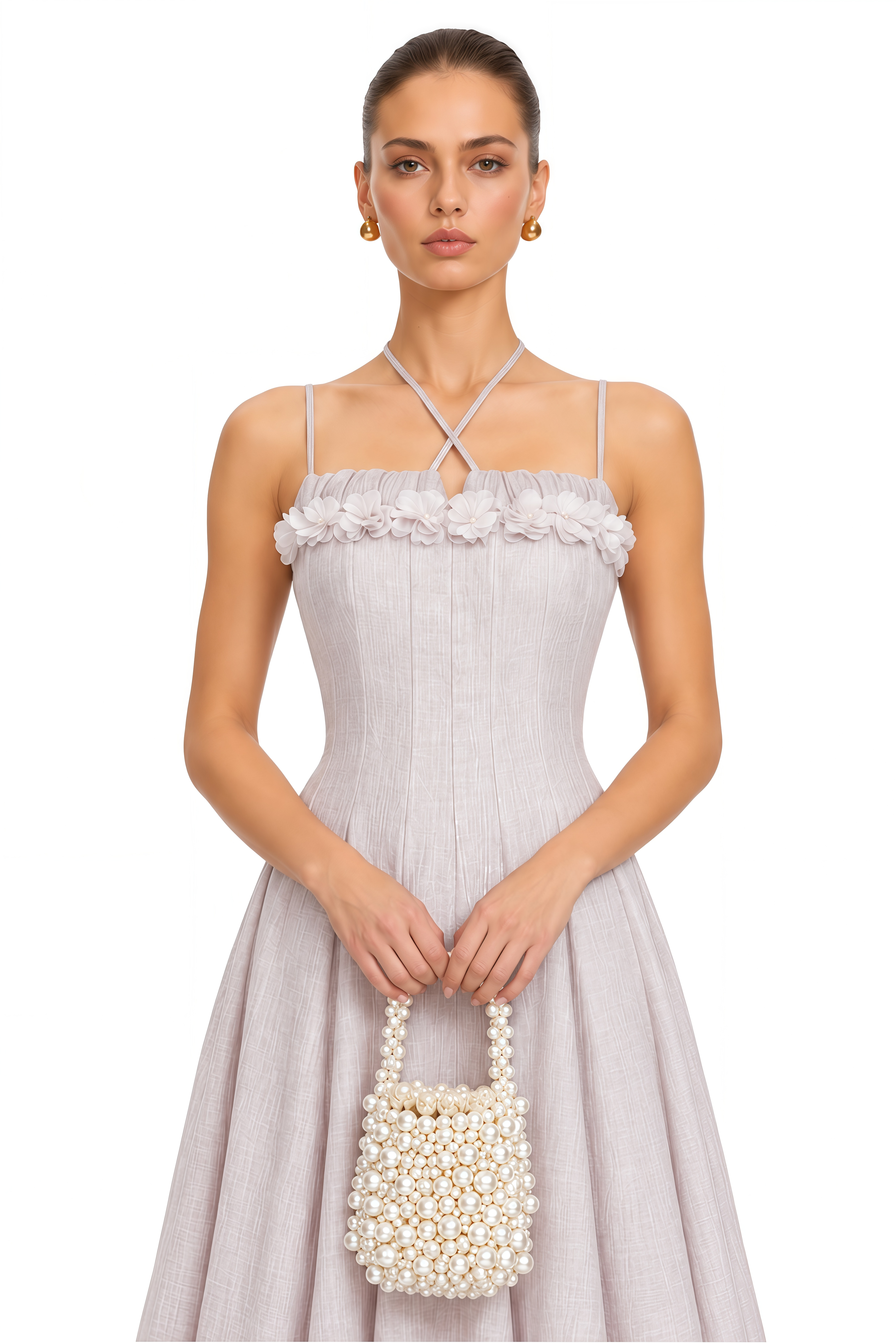 Emma Purple Halterneck 3D Floral Cinched Midi Dress