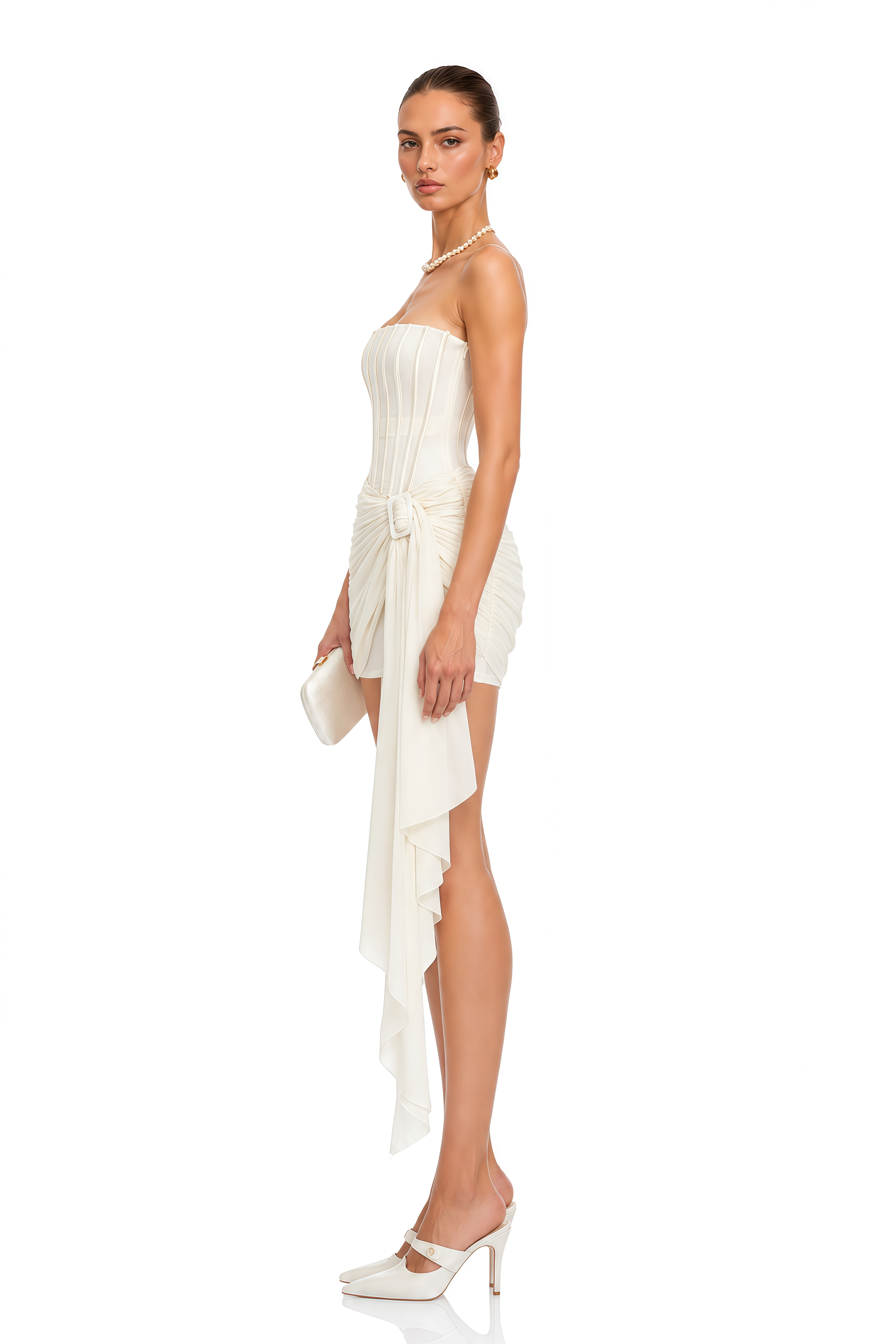 Apolline Neutral Strapless Draped Mini Dress