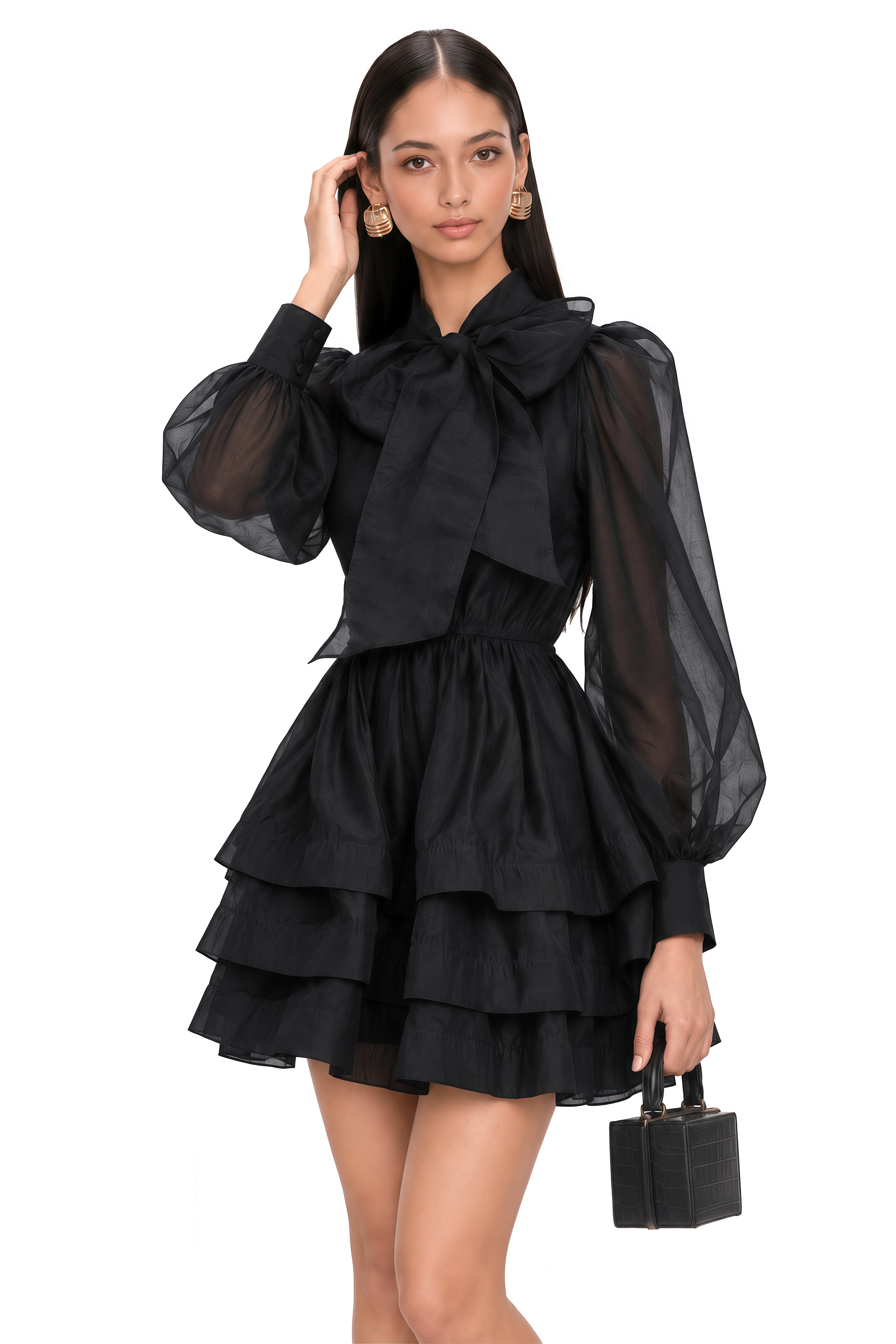 Élodie Tiered Flared Mini Dress in Black