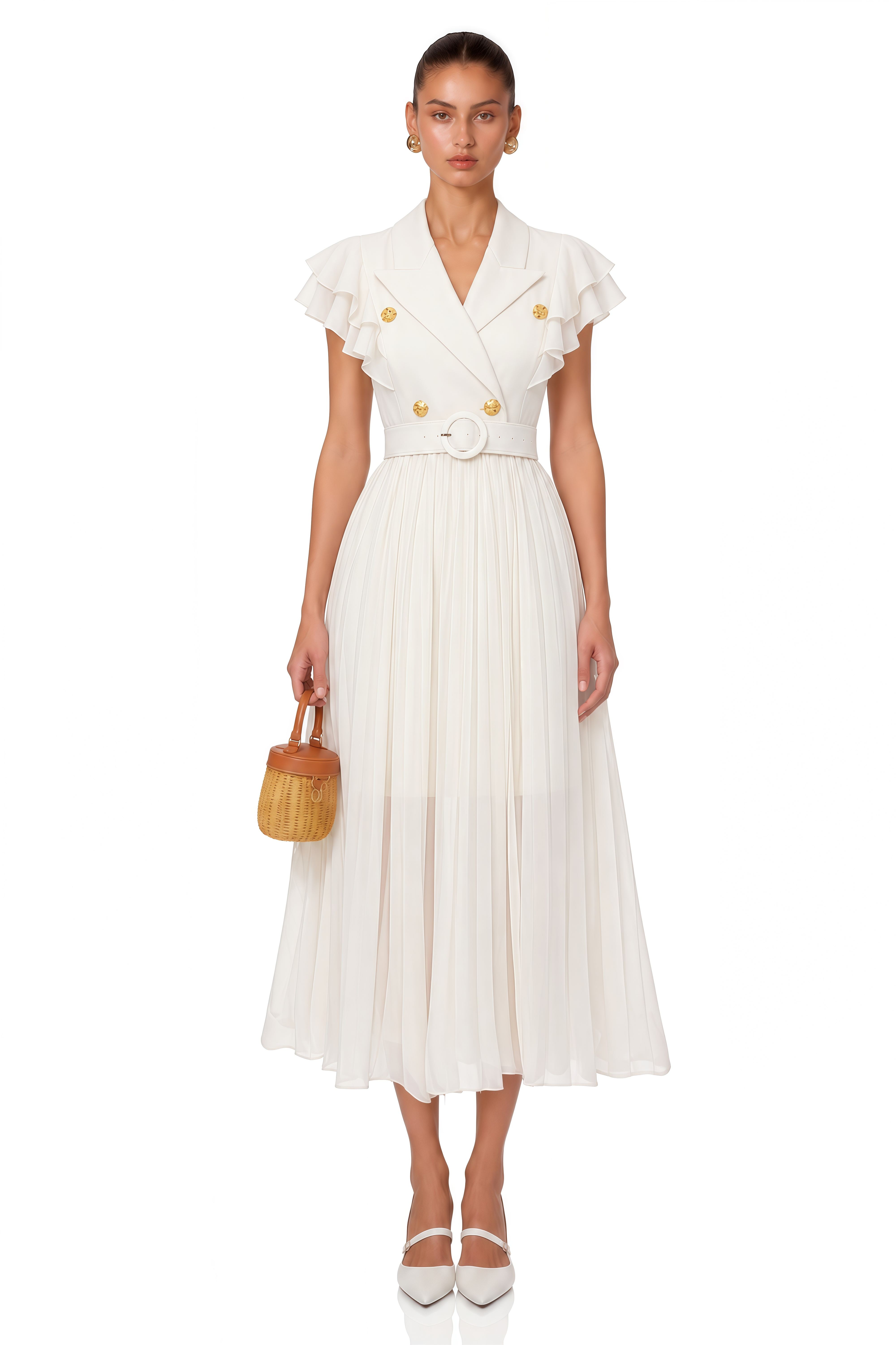 Prunelle Neutral Ruffled Pleated Maxi Dress