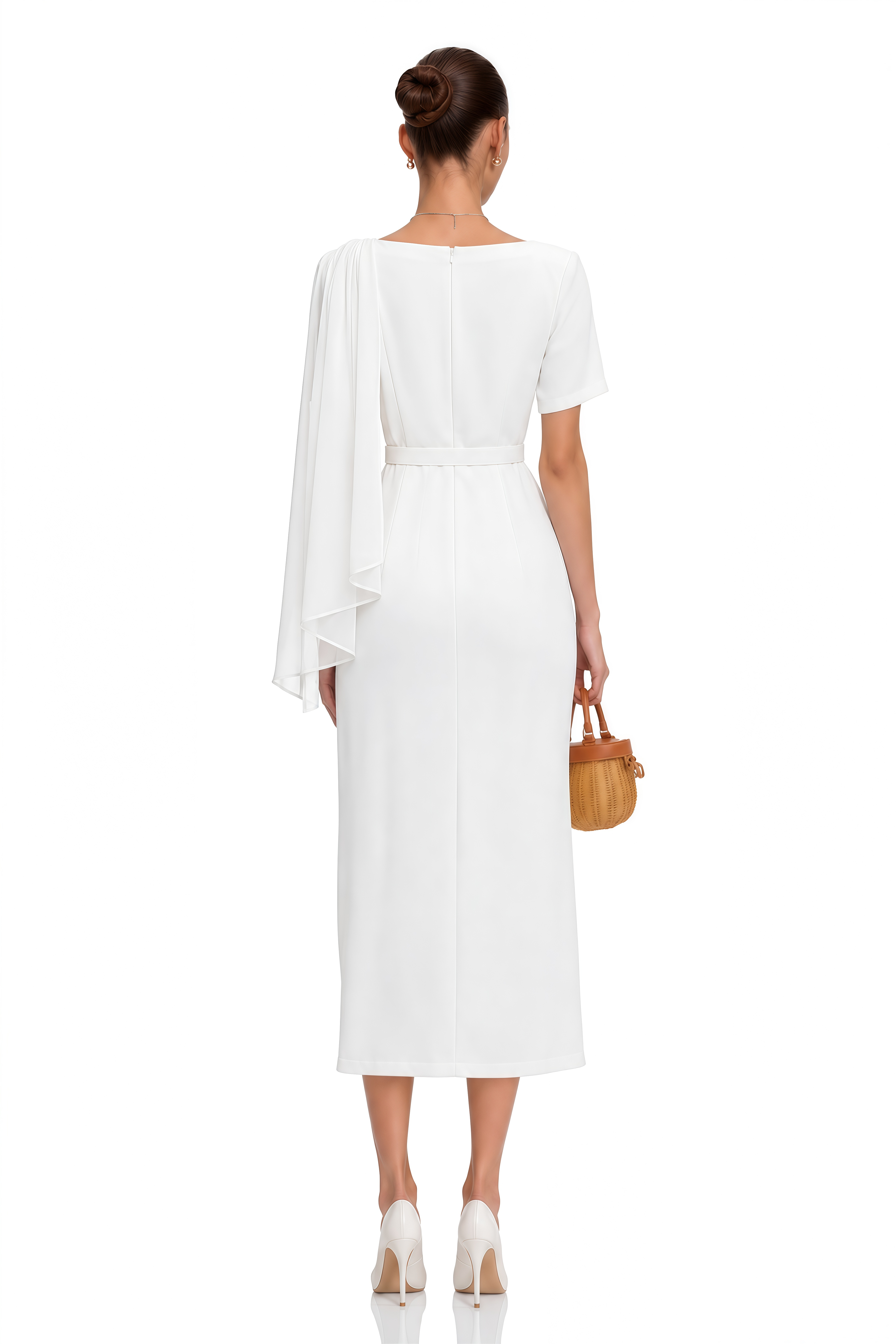 Garance White Belted Midi Dress with Cape Sleeves