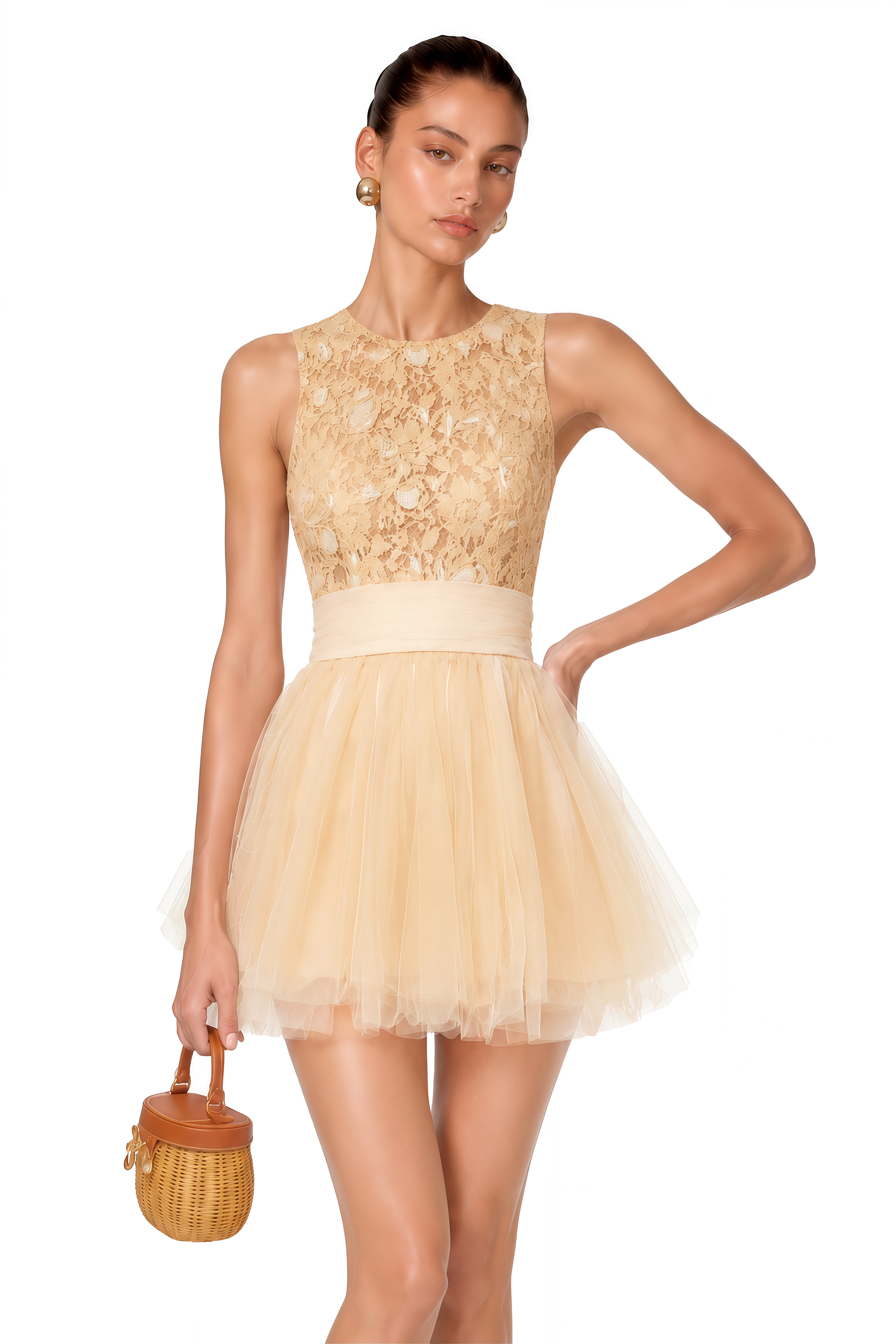 Rosa Neutral Floral Lace Mini Dress with Mesh Panels