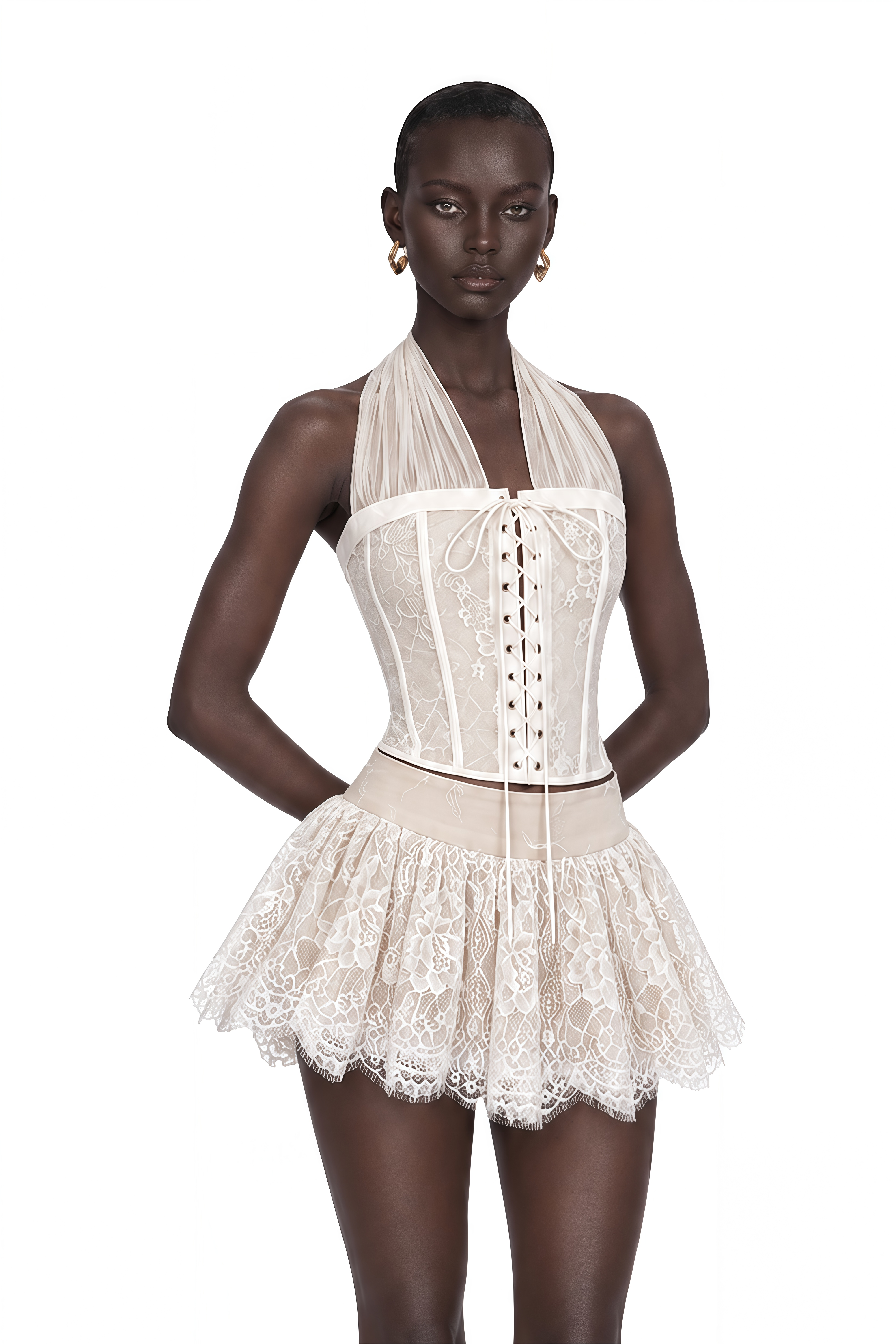 Lois Cream Halterneck Lace Ruffled Top & Skirt Set