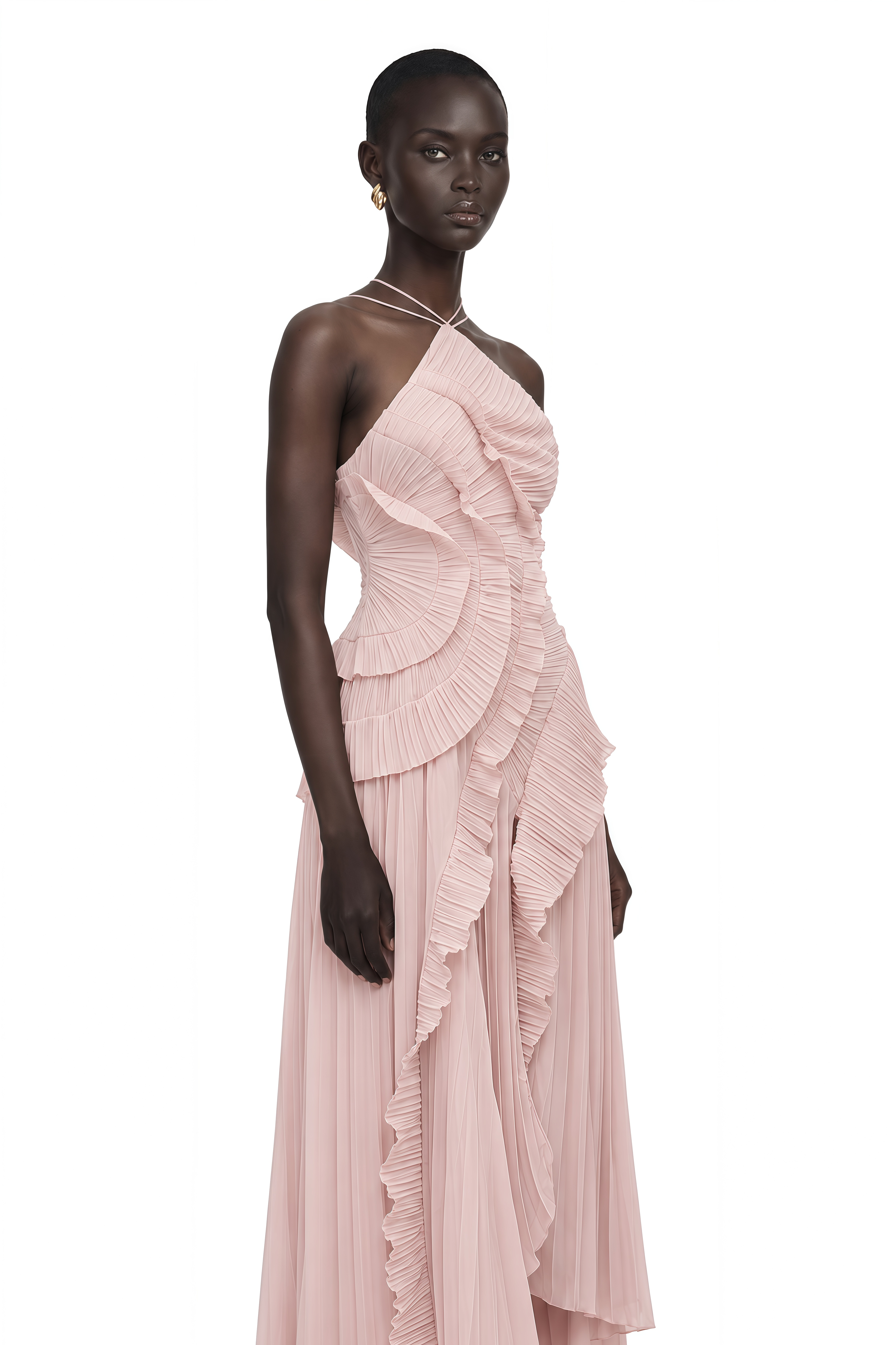 Doux Pink Ruffled Trim Pleated Midi Dress