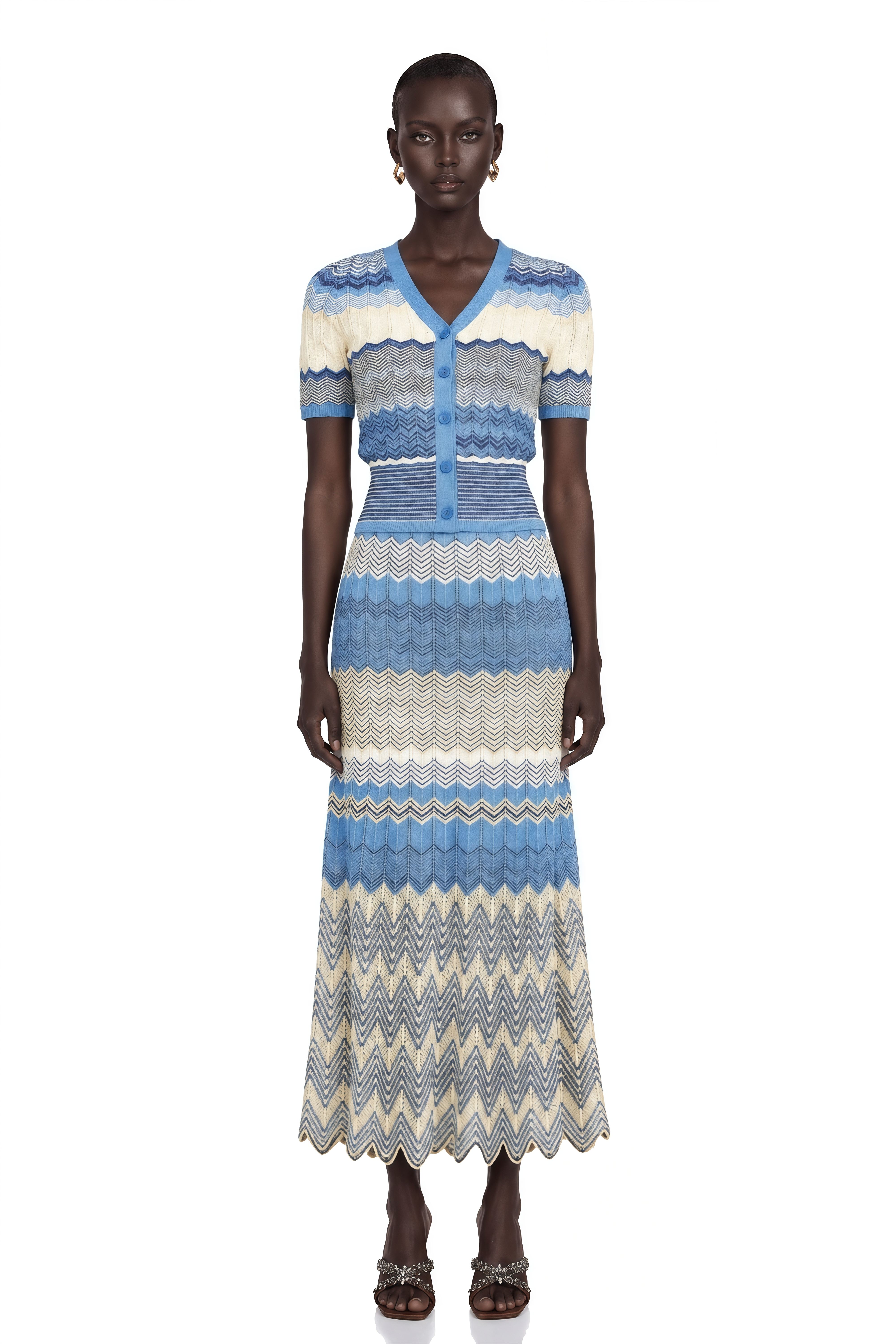 Daniela Blue Zigzag-Design Knit Top & Skirt Matching Set