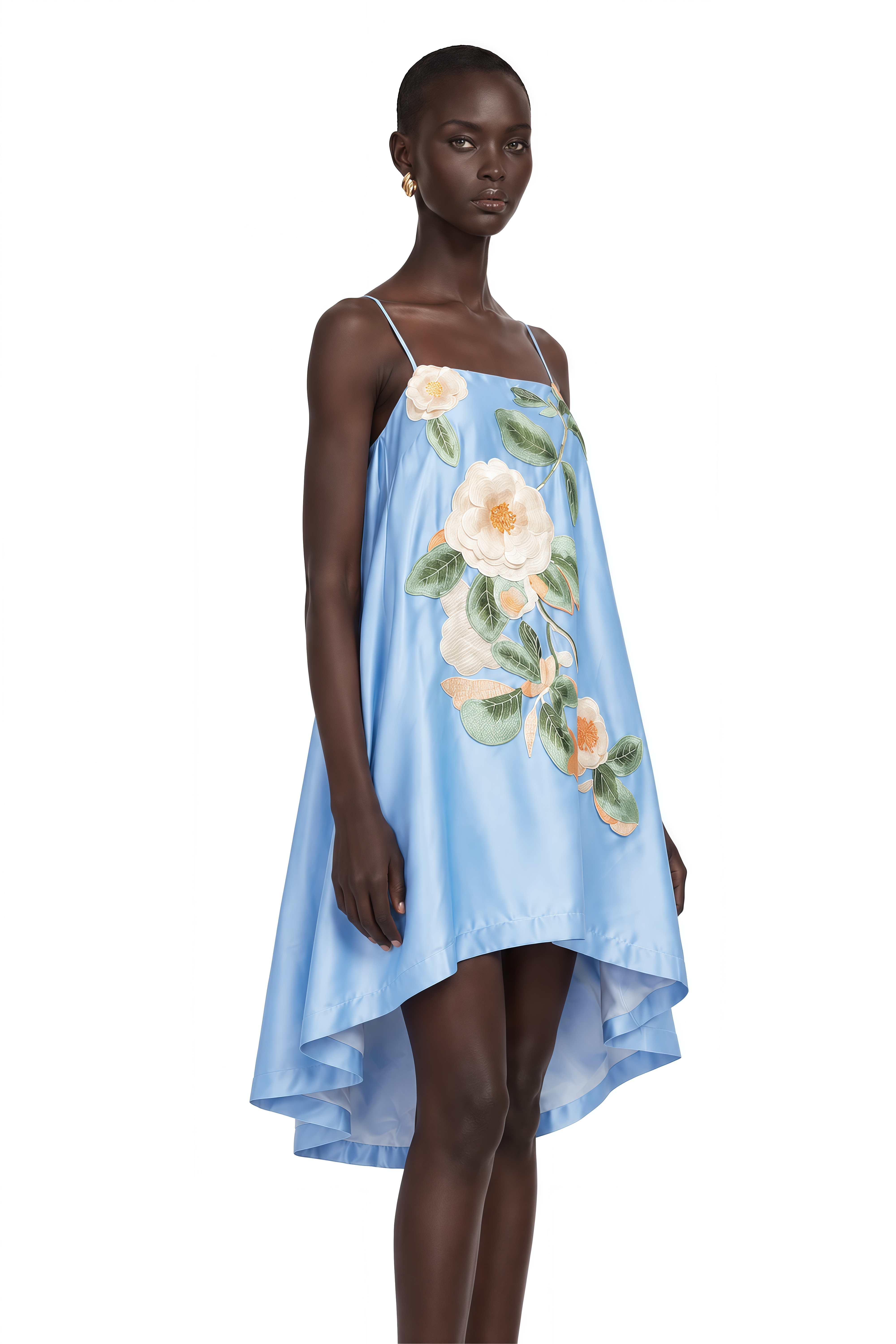 Avril Blue Floral Embroidered Satin Mini Dress