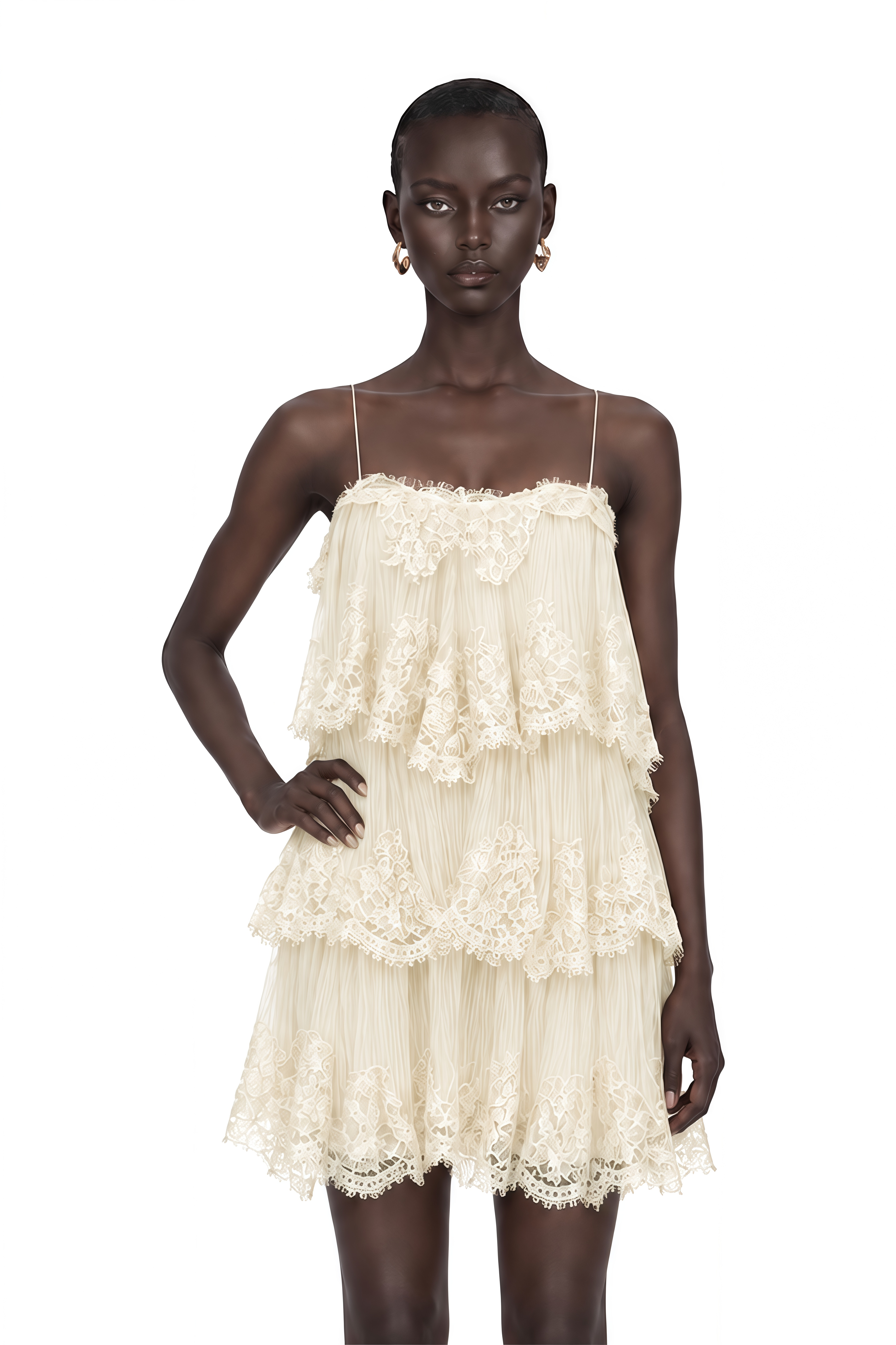 Rachel Beige Tiered Mini Dress with Lace Trim