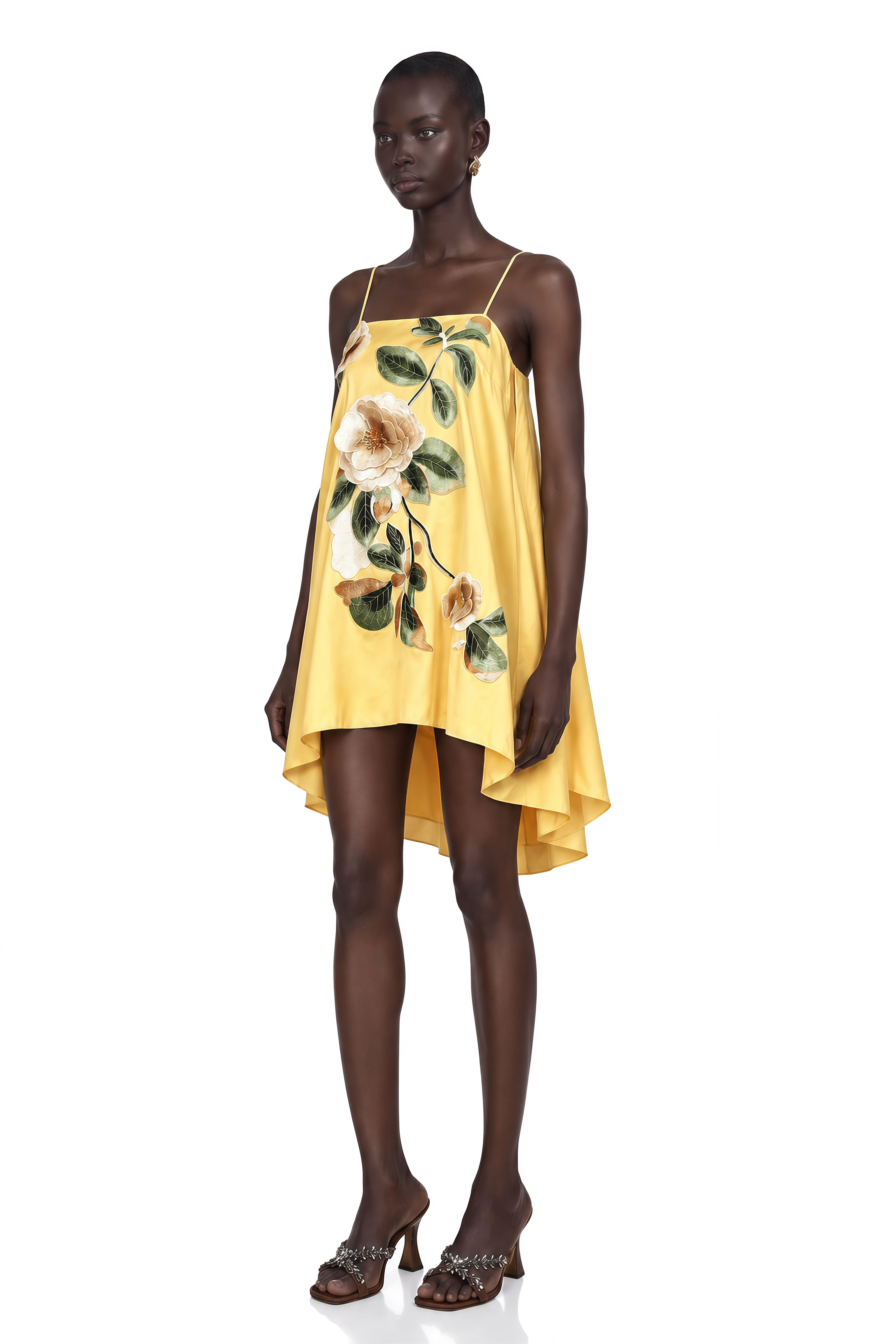 Avril Yellow Floral Embroidered Mini Dress