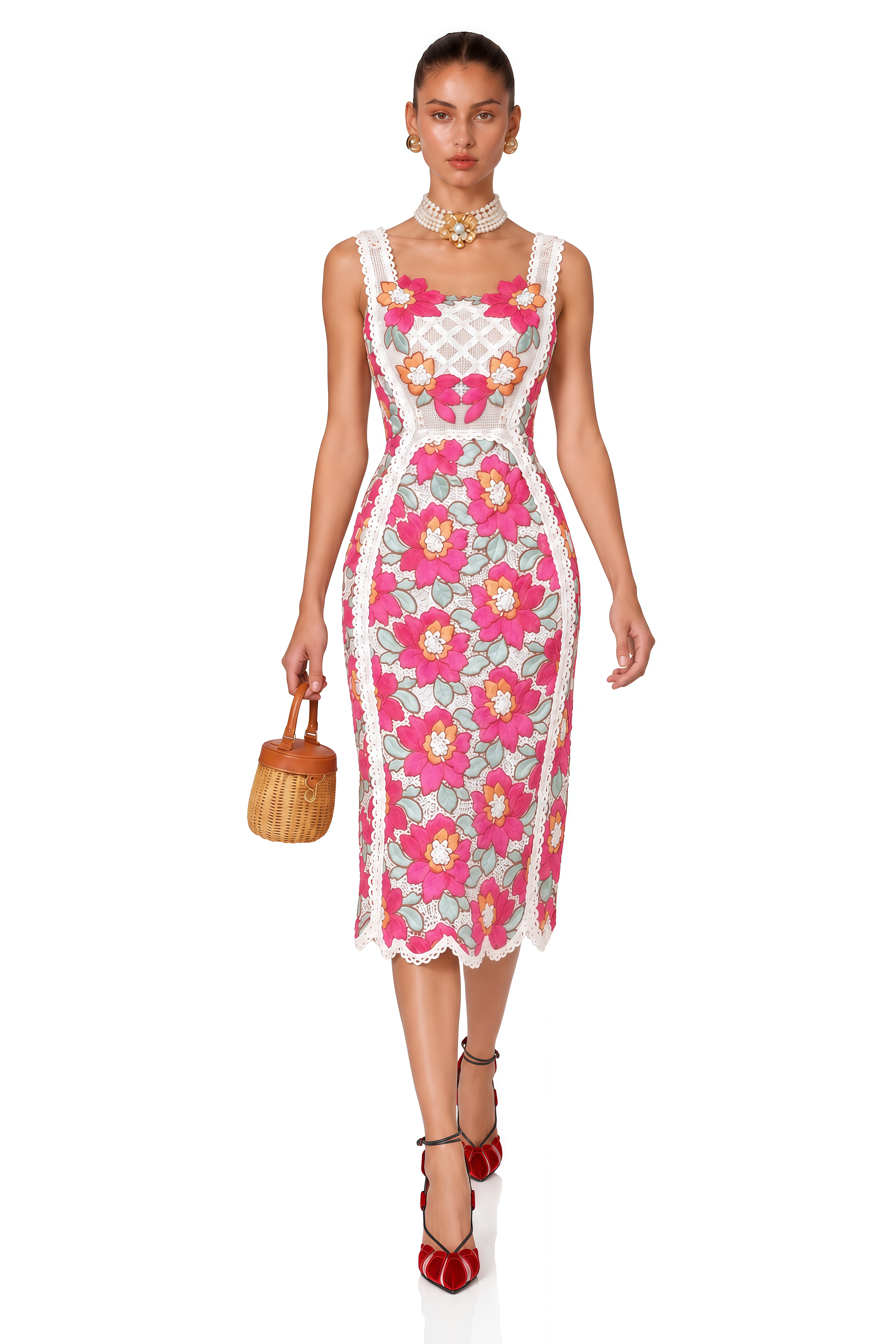 Nalini Rose-Pink Braided Floral-Embroidered Midi Dress
