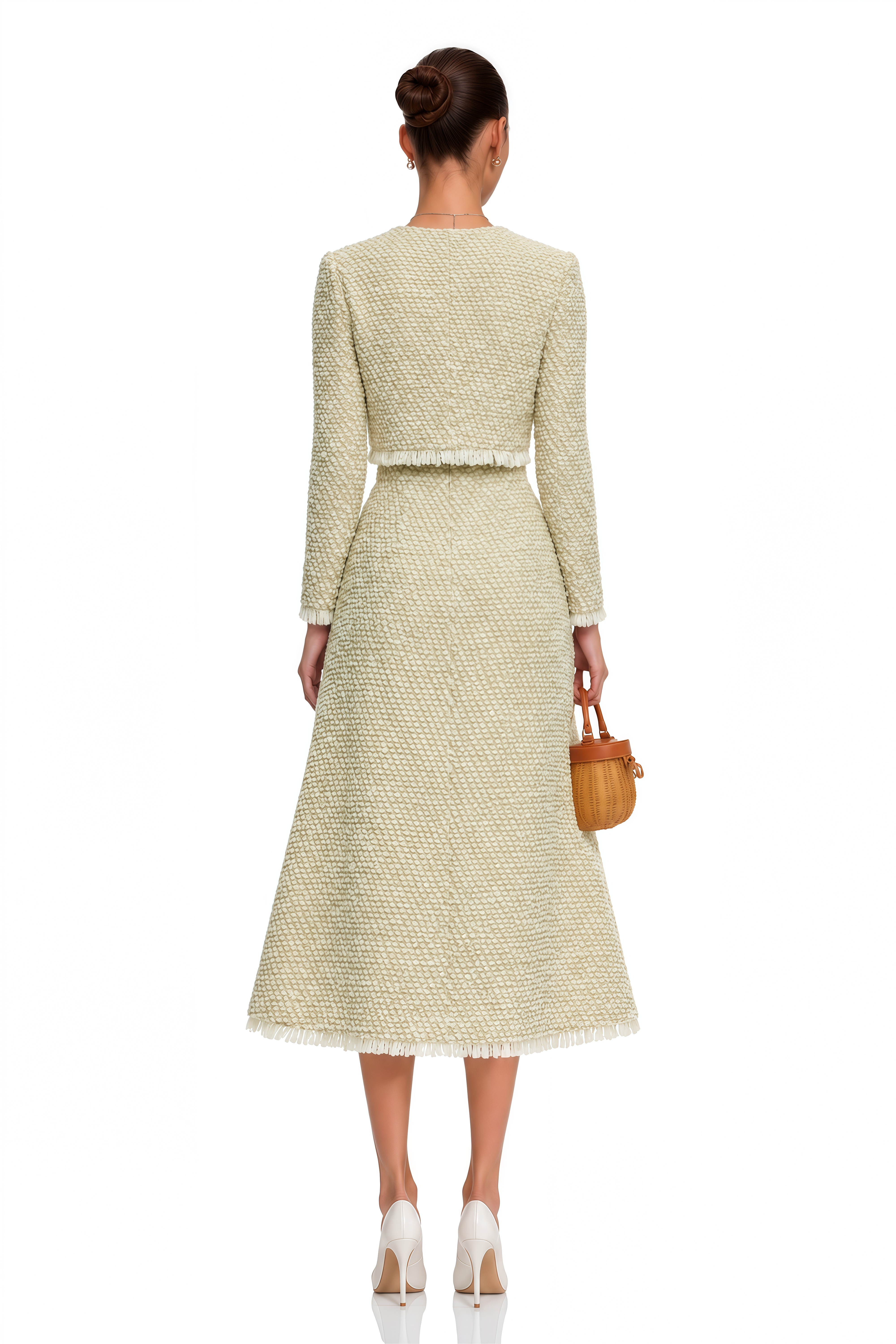 Briony Beige Tweed Jacket & Skirt Set with Fringe