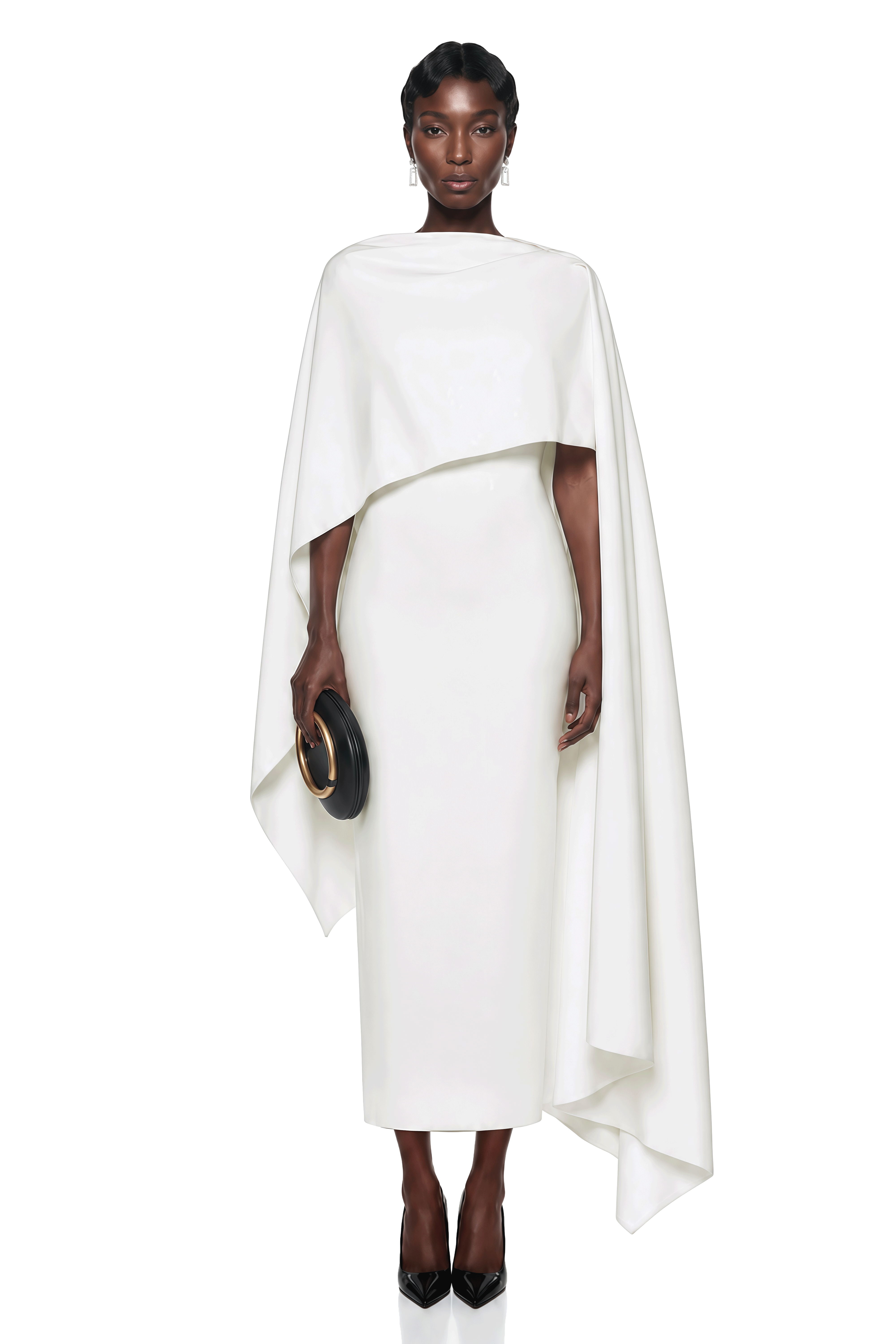 Ecem White Backless Maxi Dress with Cape
