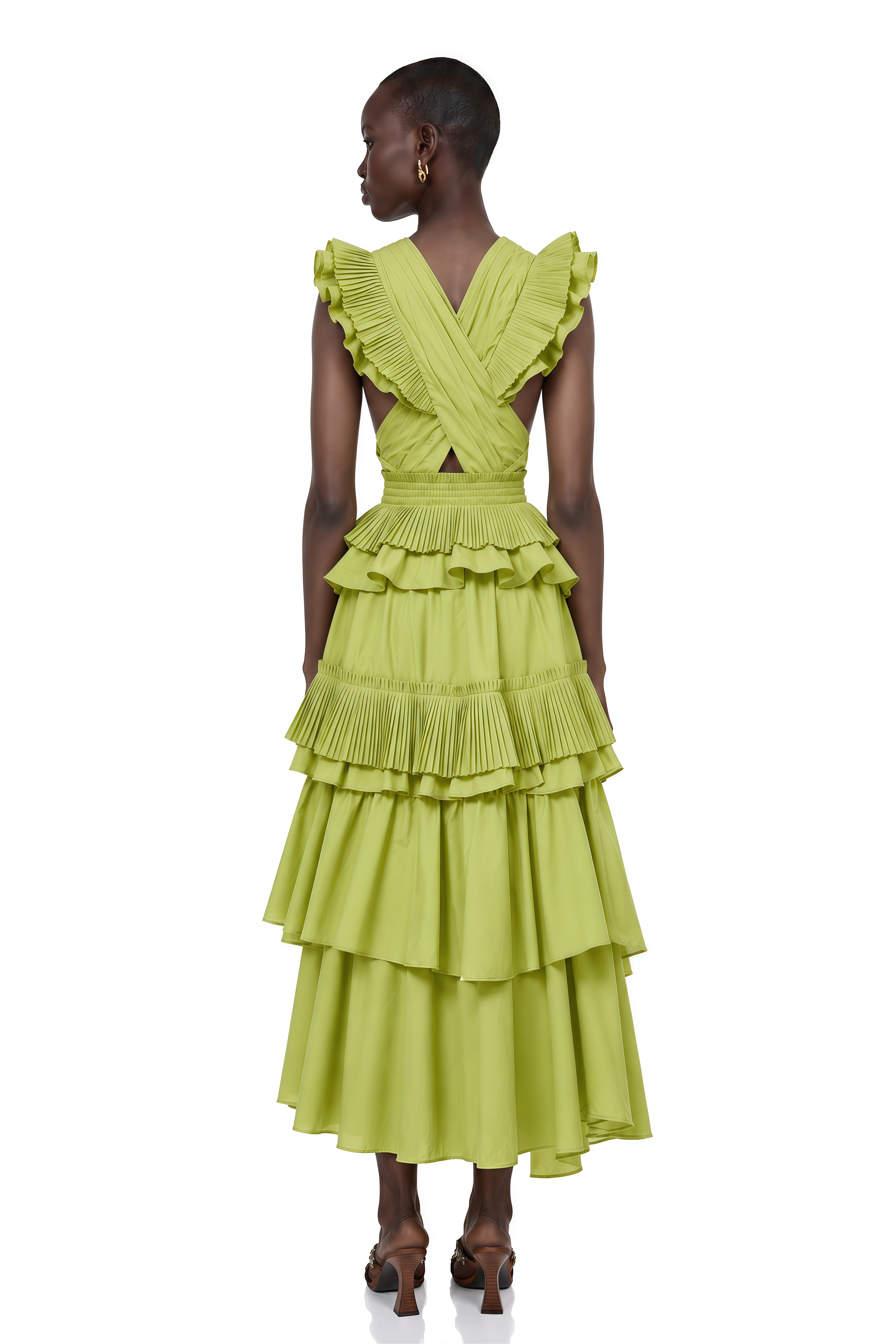 Raffaella Green Asymmetrical Ruffled Tiered Midi Dress