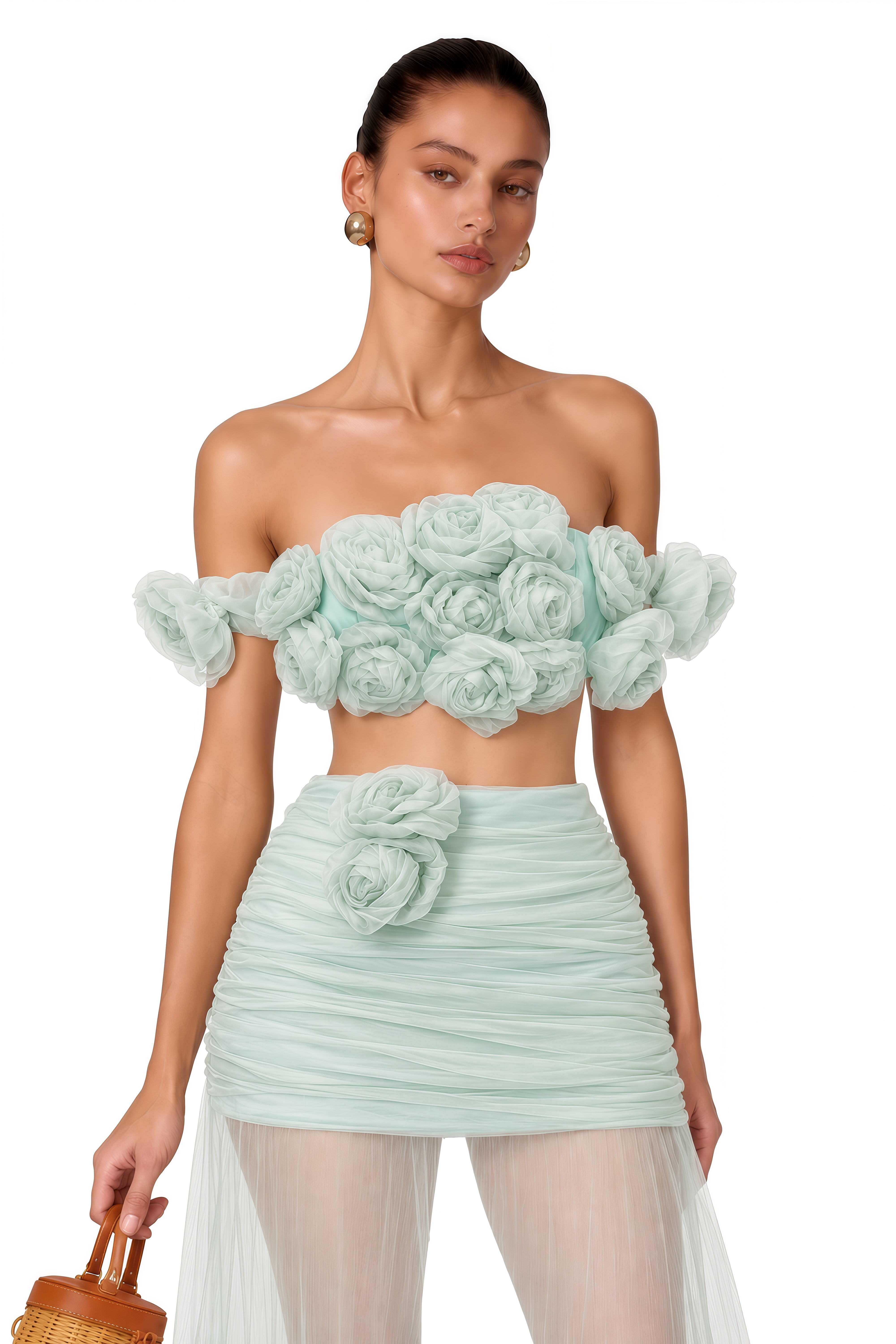 Penelope Green Tulle Top & Skirt Set with 3D Florals