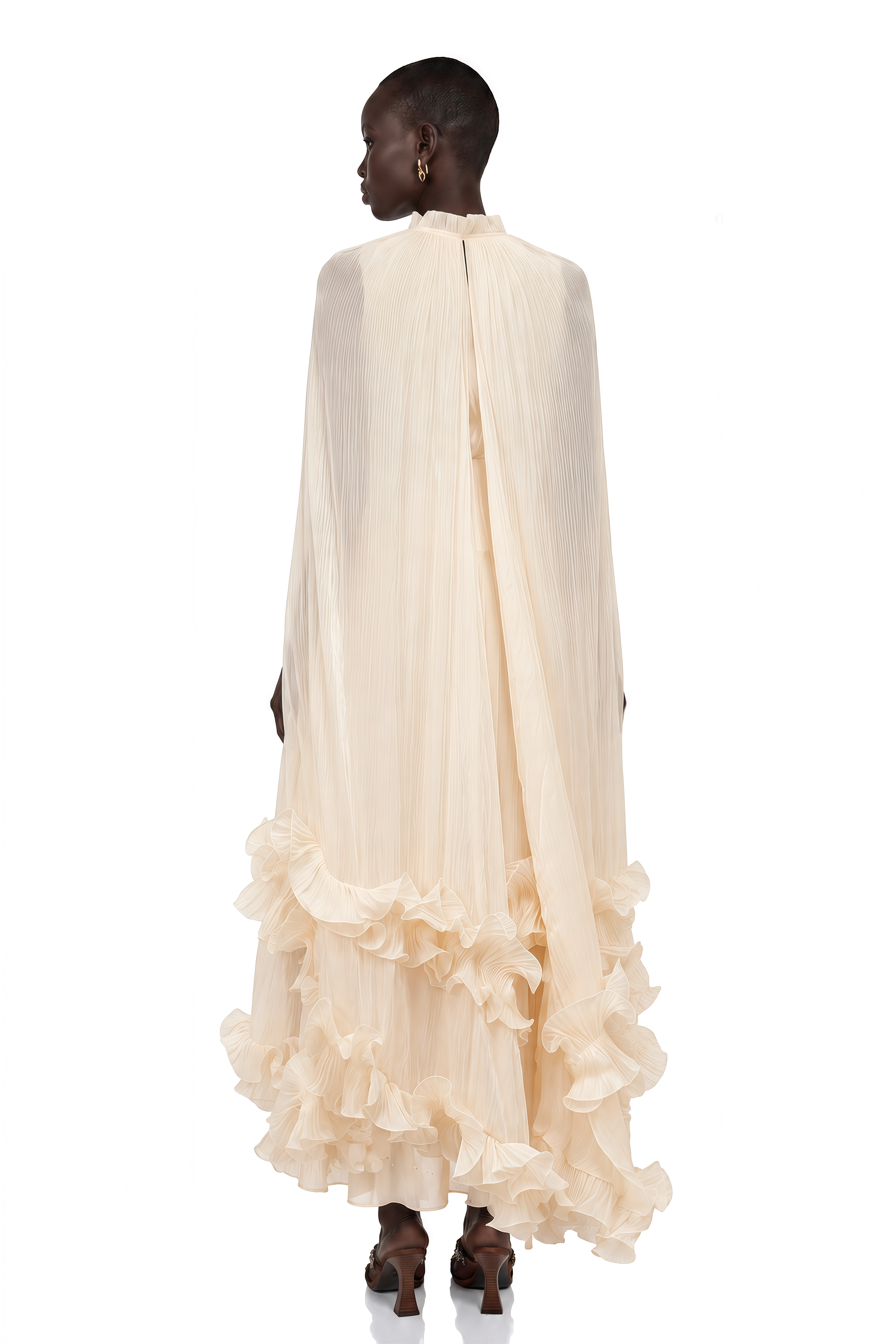 Intemporelle Neutral Cape Pleated Midi Dress