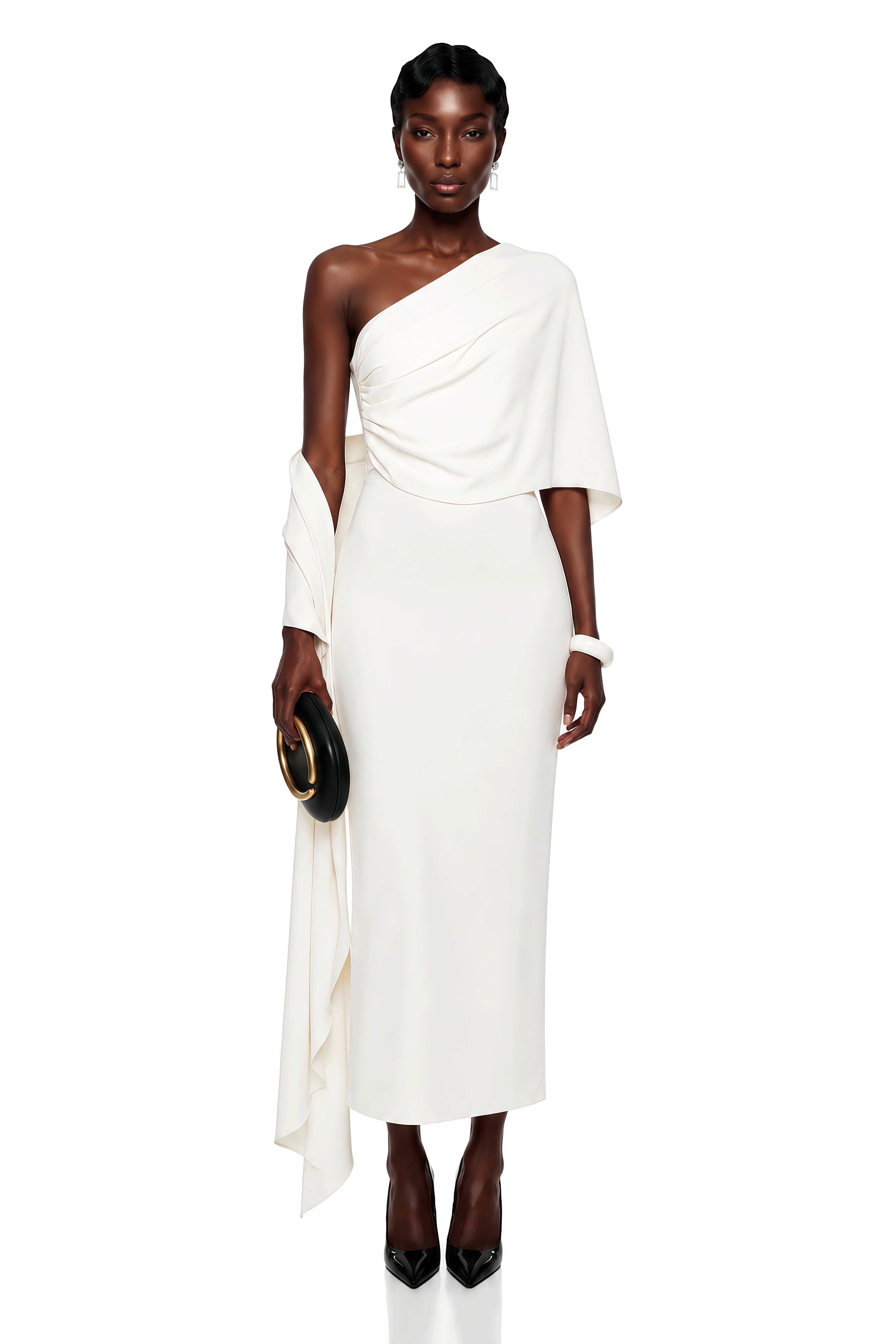 Duygu White Asymmetrical Ruched Midi Dress