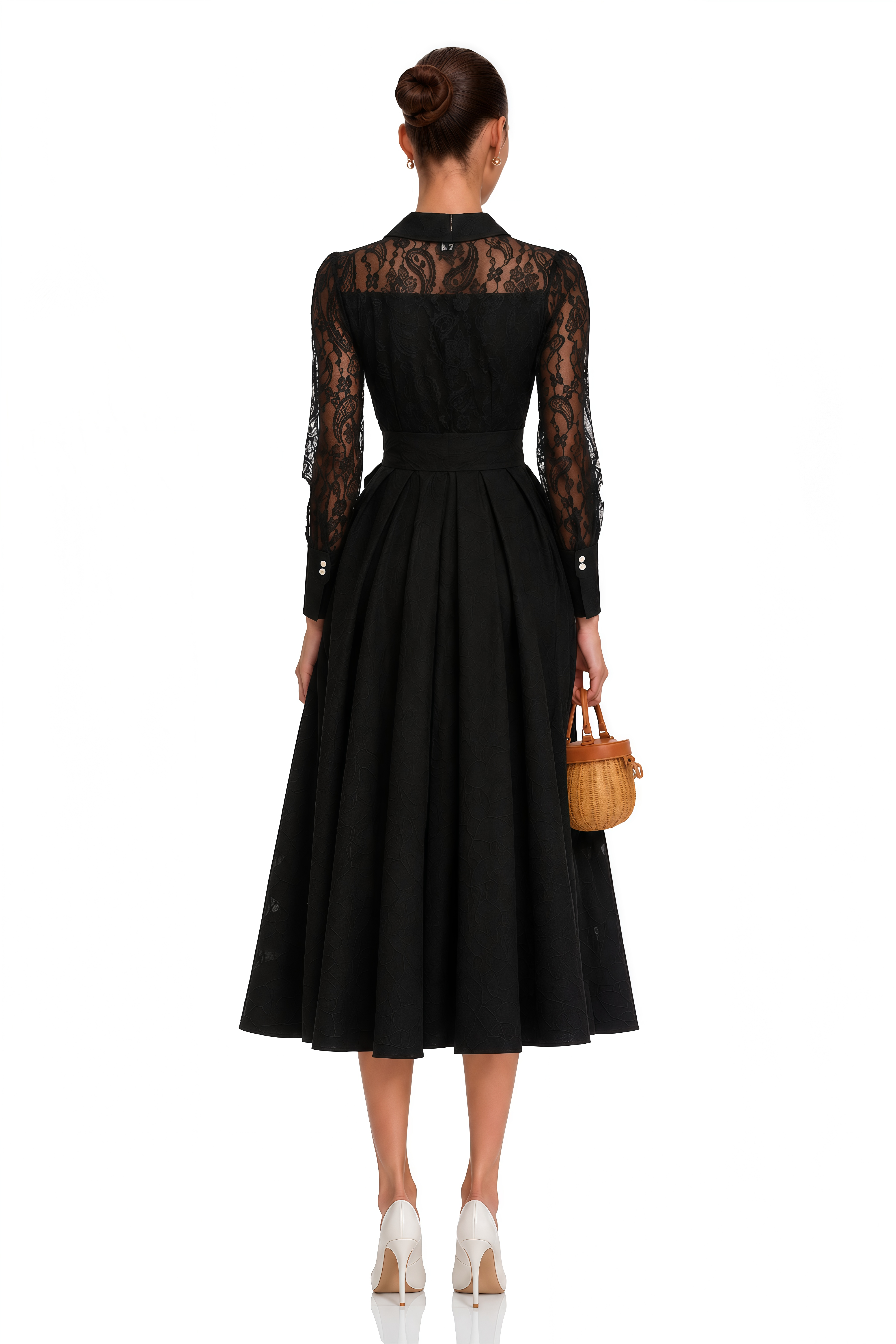 Lilliana Black Lace Midi Dress with Lapel Collar