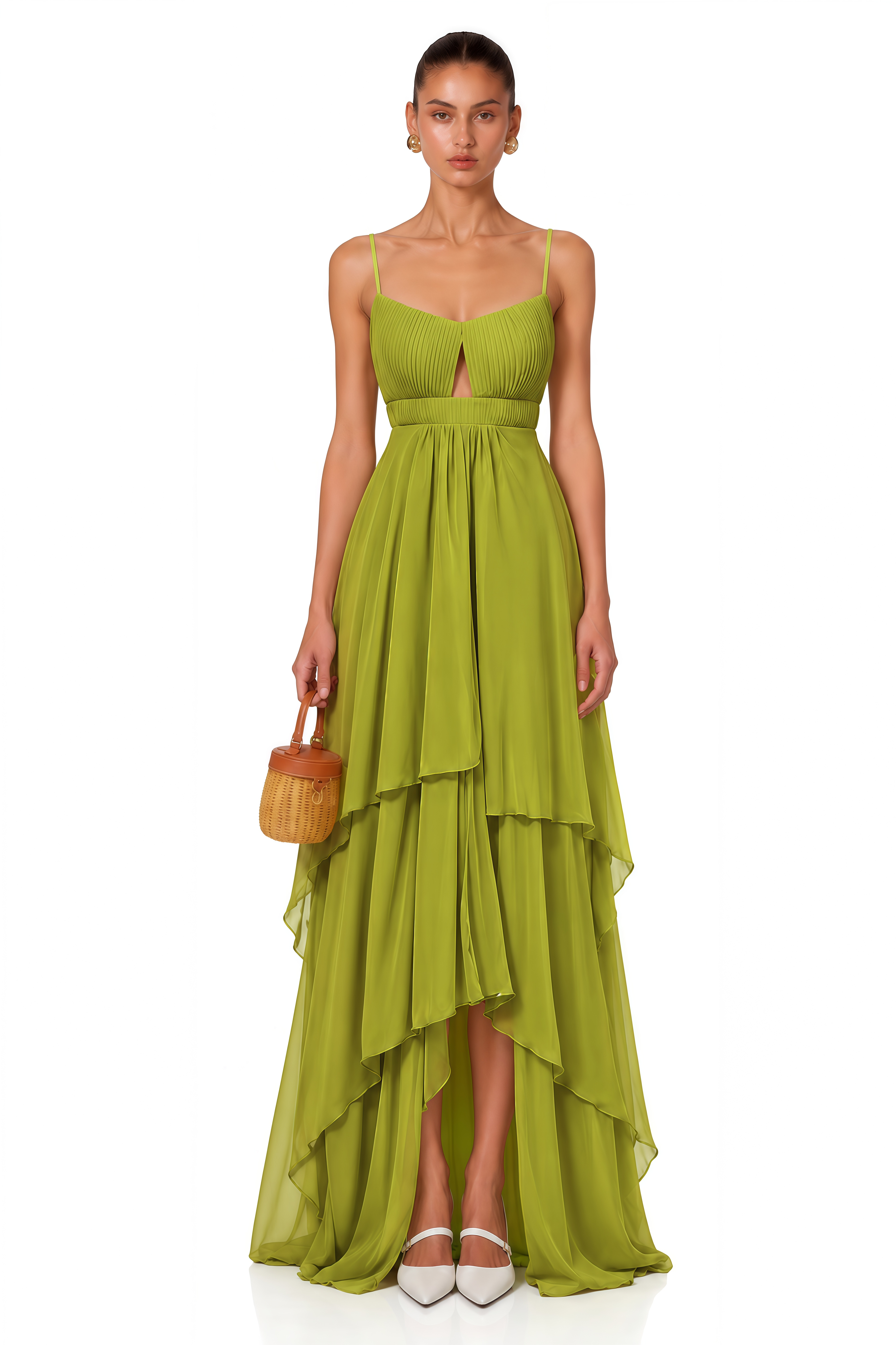Lilliana Olive Green Tiered Maxi Dress with Cut-Outs