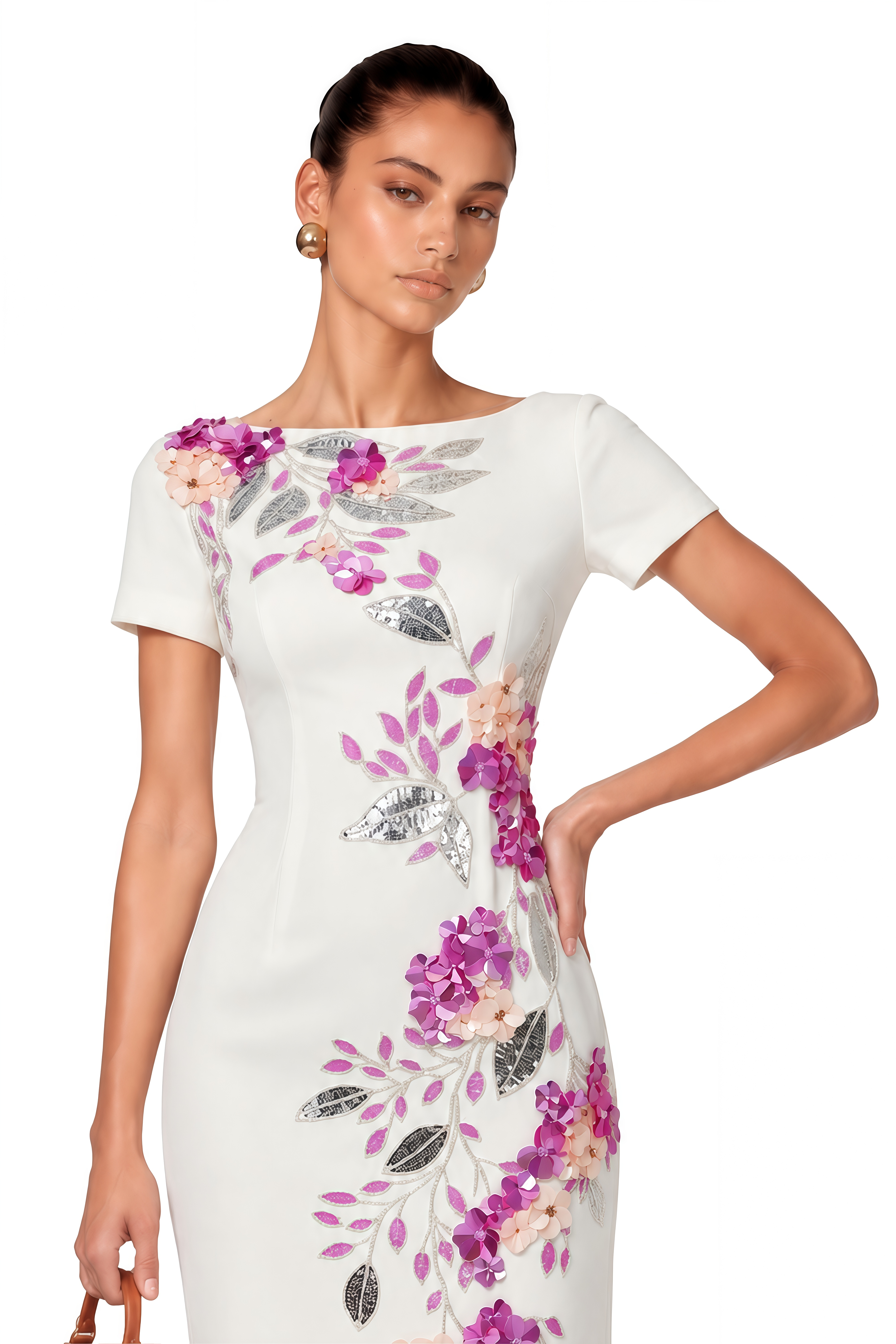 Althea White Short Sleeves Midi Dress with 3D Florals