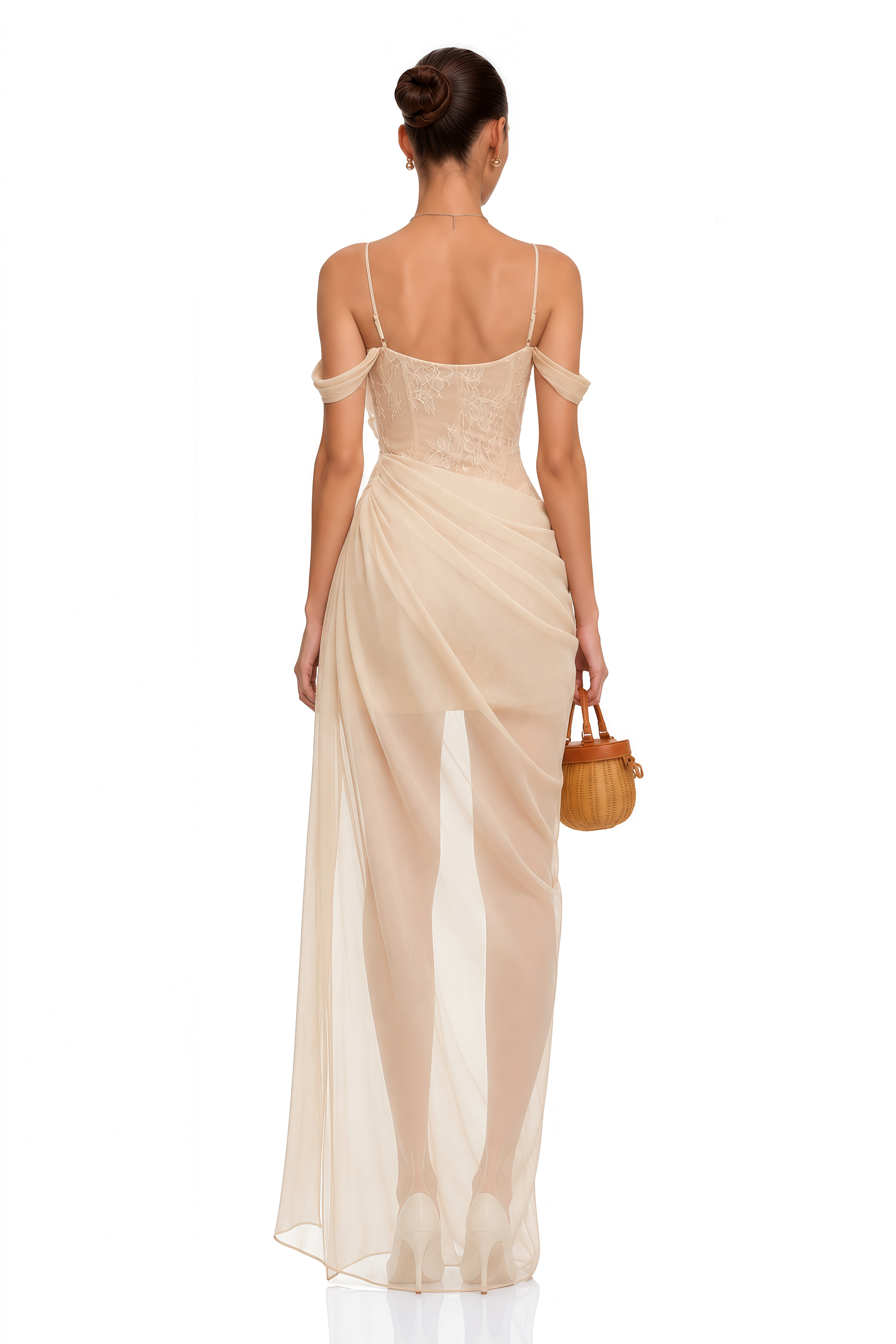 Lucrezia Neutral Lace-Panelled Ruched Maxi Dress