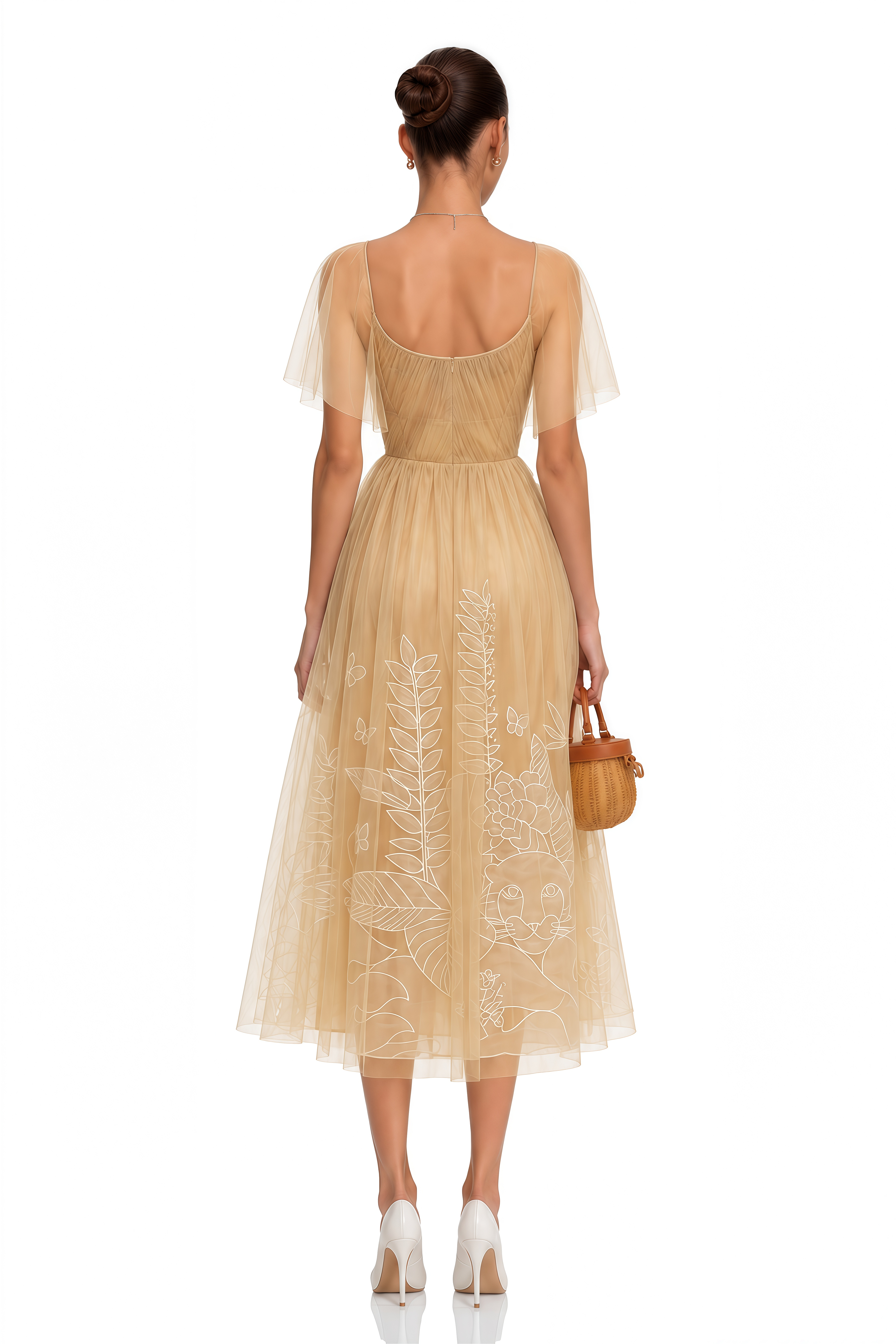 Blanka Neutral Pleated Jacquard Tulle Midi Dress