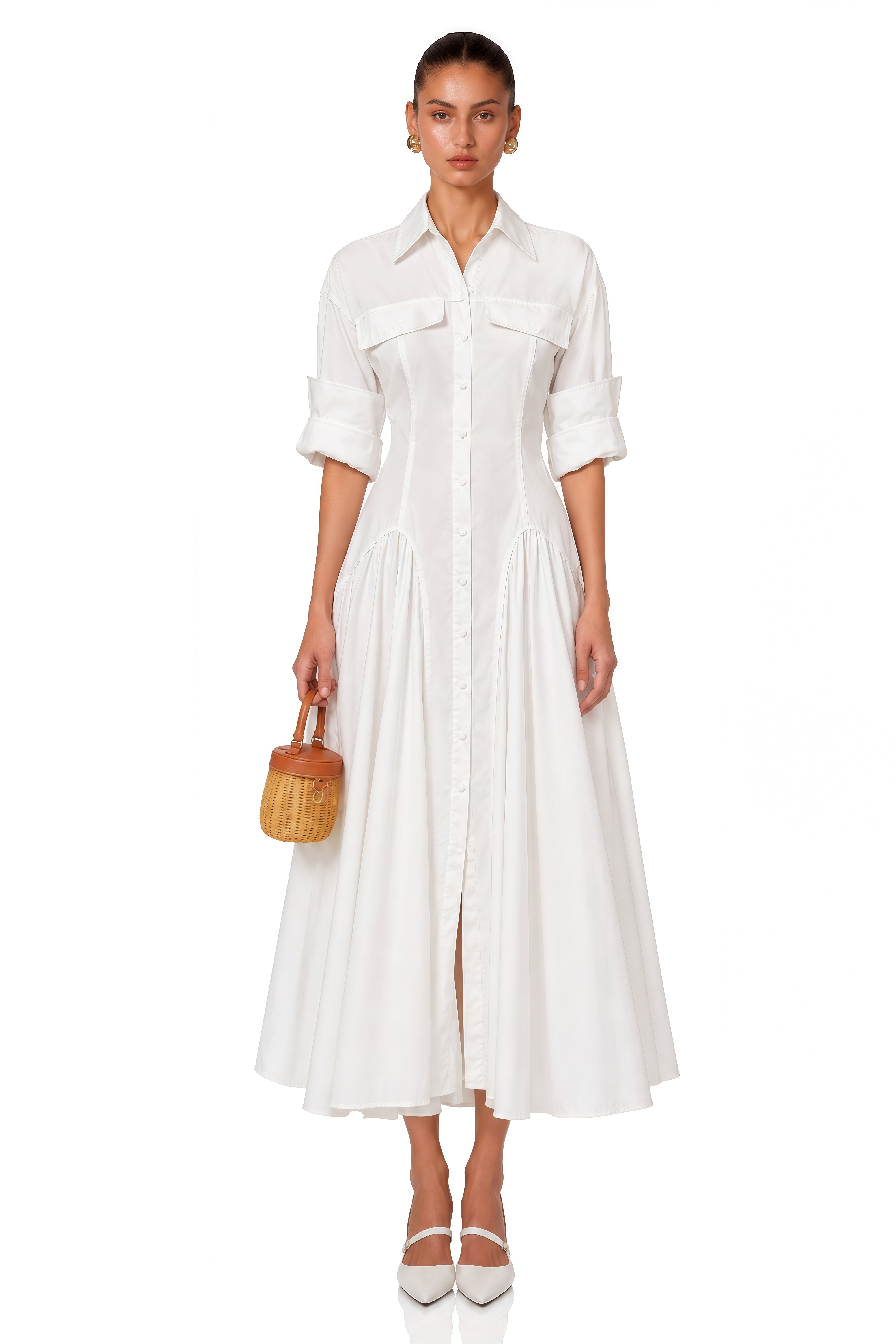 Dulcie White Front-Slit Shirred Shirt Dress