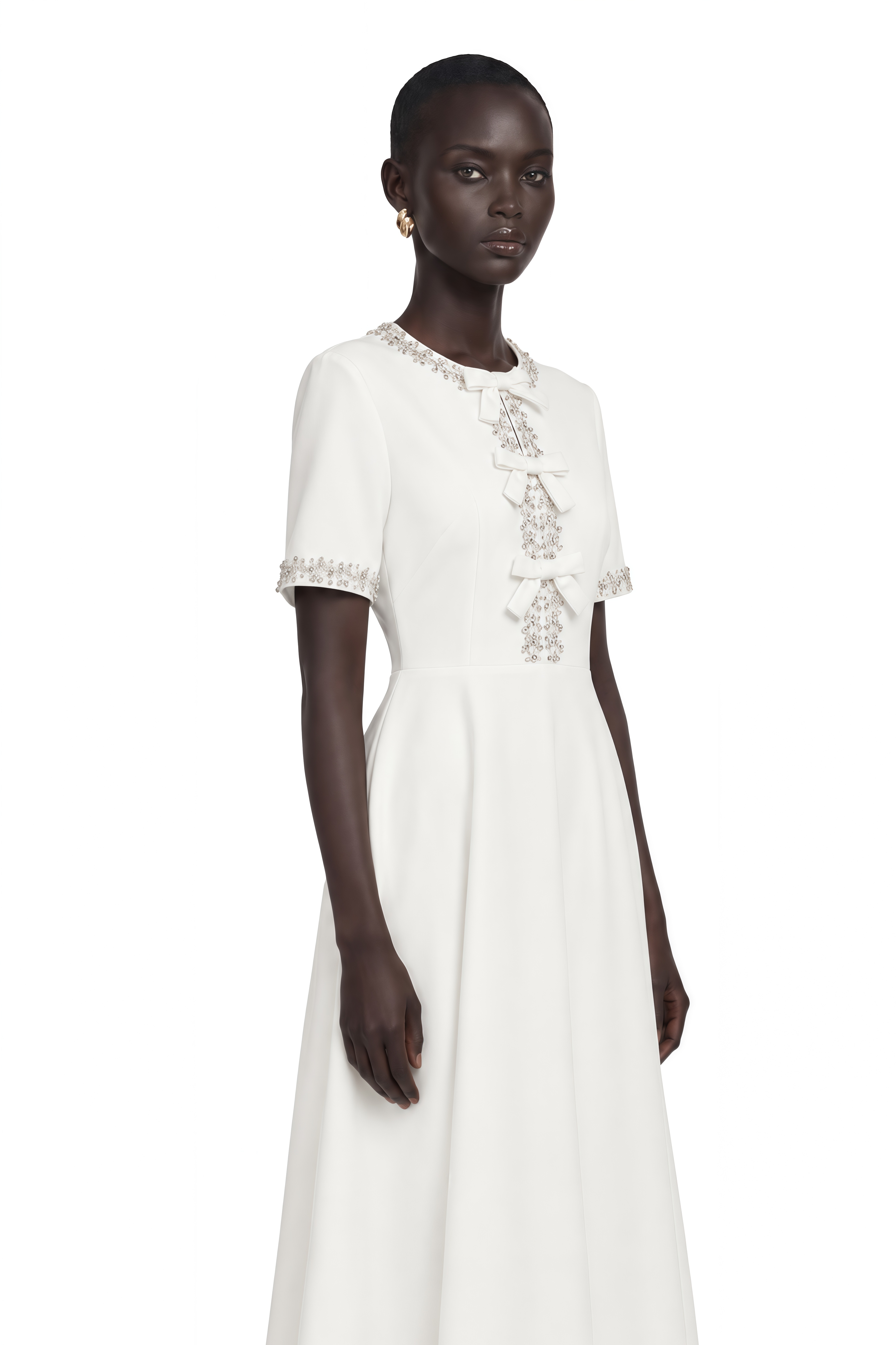 Cassiopeia Crystal-Accented Bow Midi Dress in White