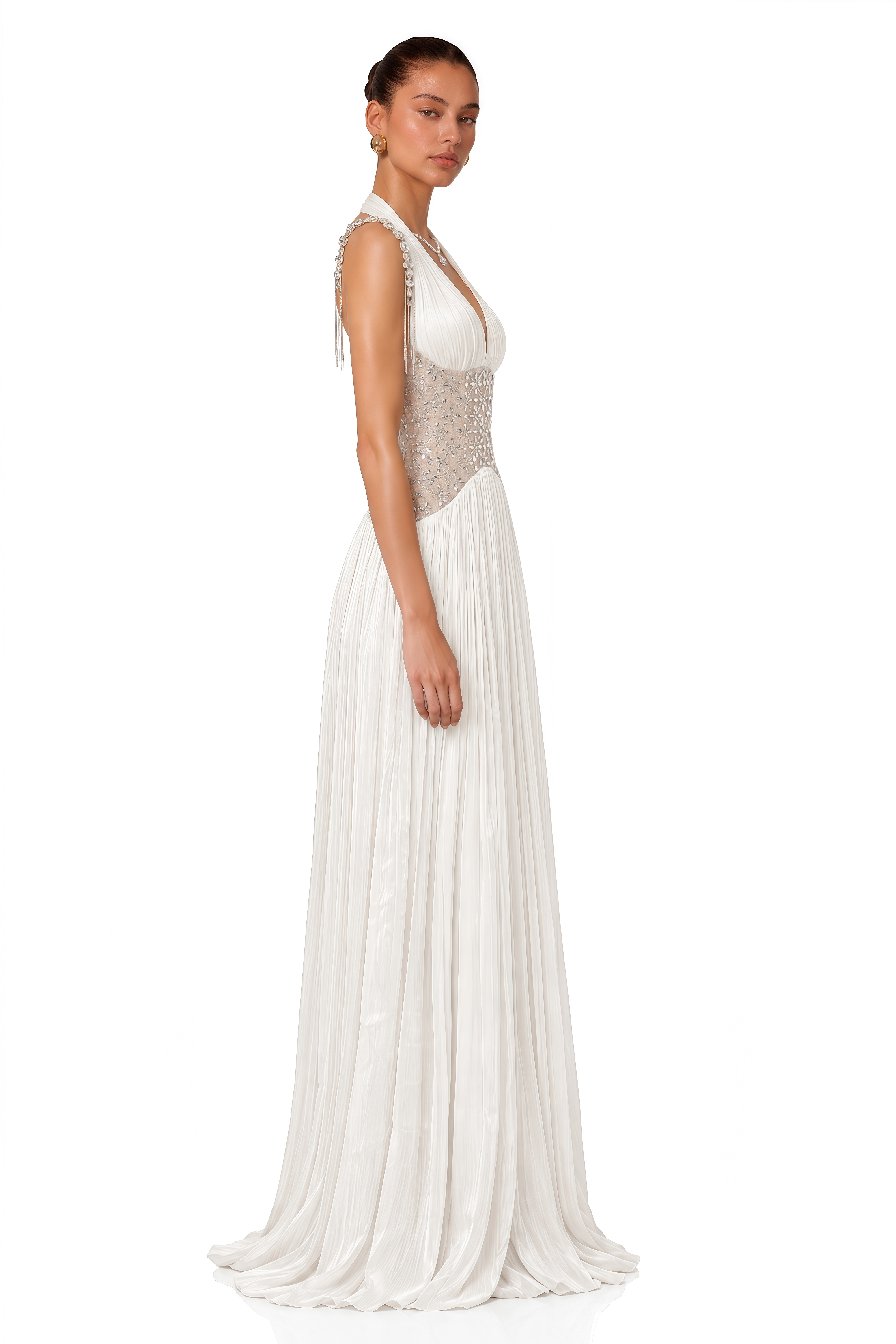 Gwenaëlle White Rhinestone Panel Maxi Dress