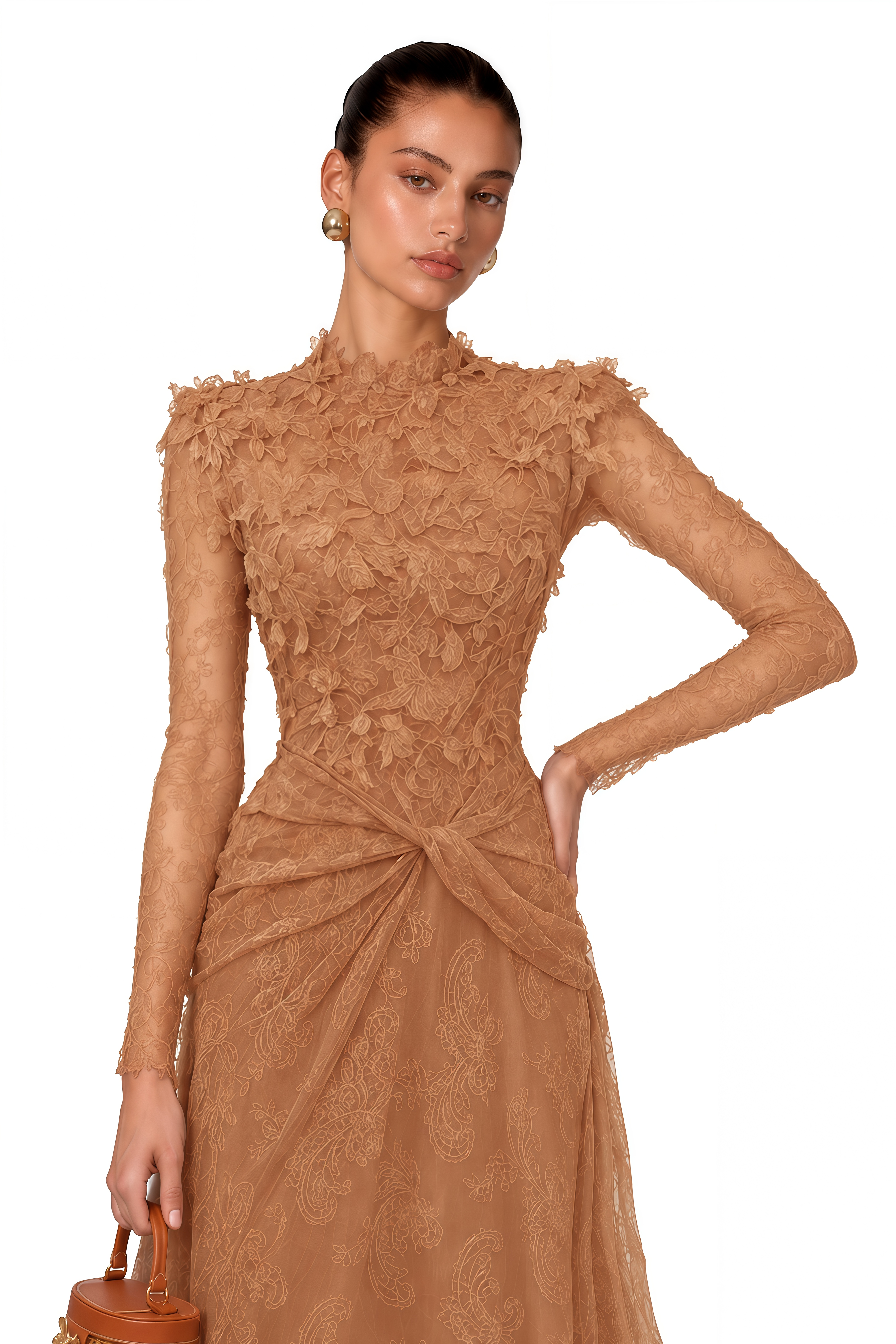 Hadley Caramel Twisted Floral Lace Midi Dress