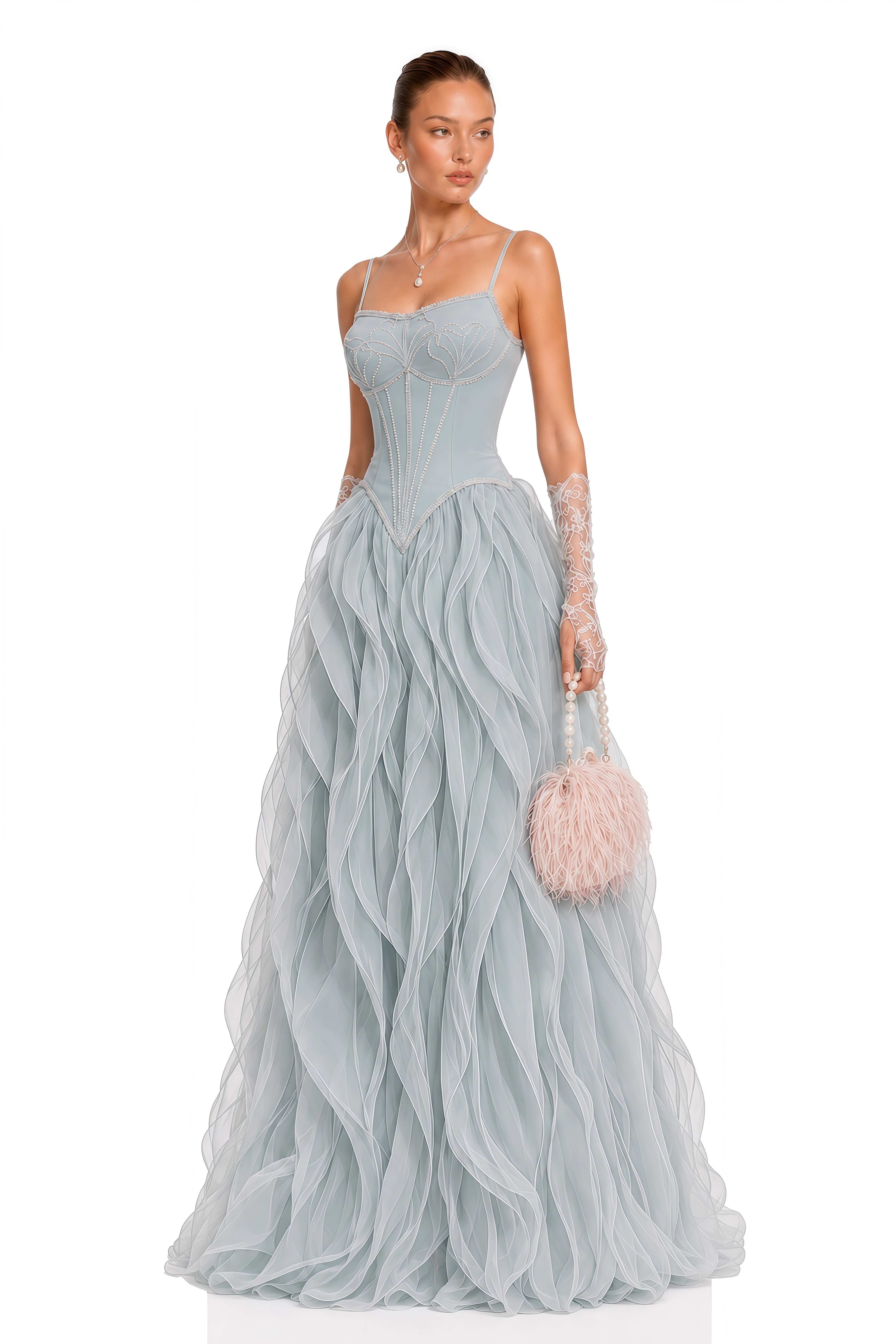 Ianthe Dusty Blue Ruffled Tulle Maxi Dress (Without Gloves)