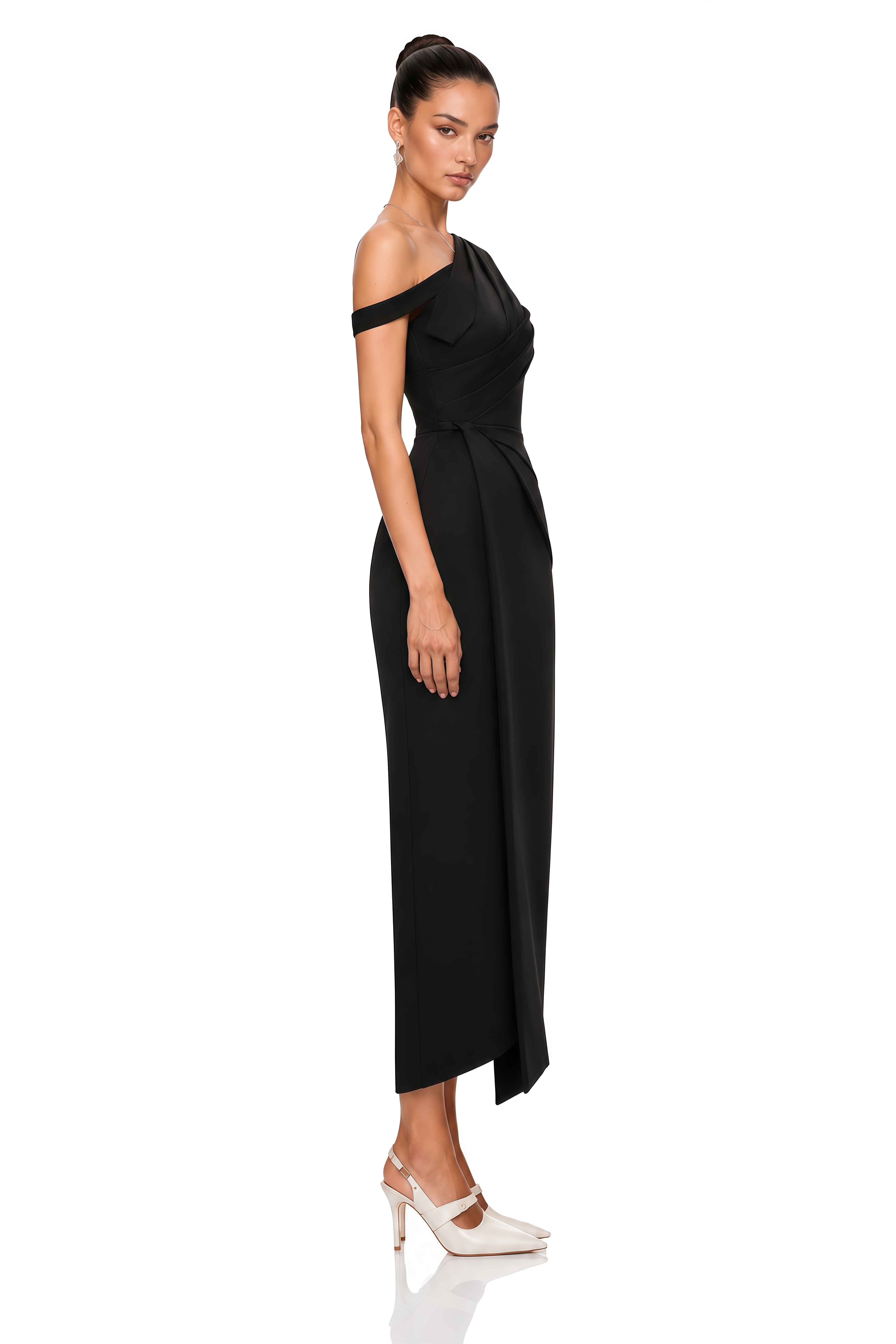 Amarante Black One Shoulder Asymmetrical Midi Dress