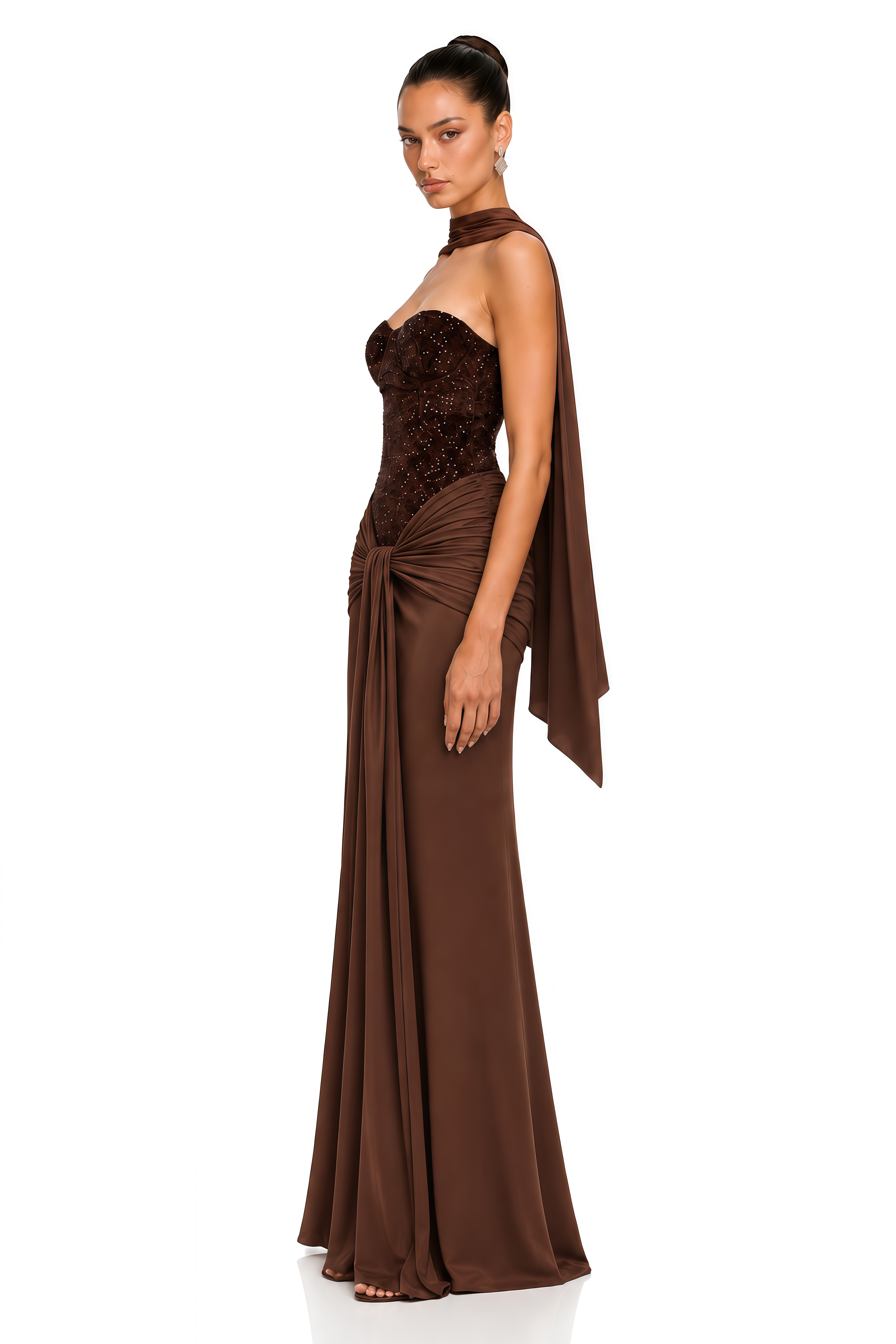 Christine Brown Off Shoulder Draped Maxi Dress