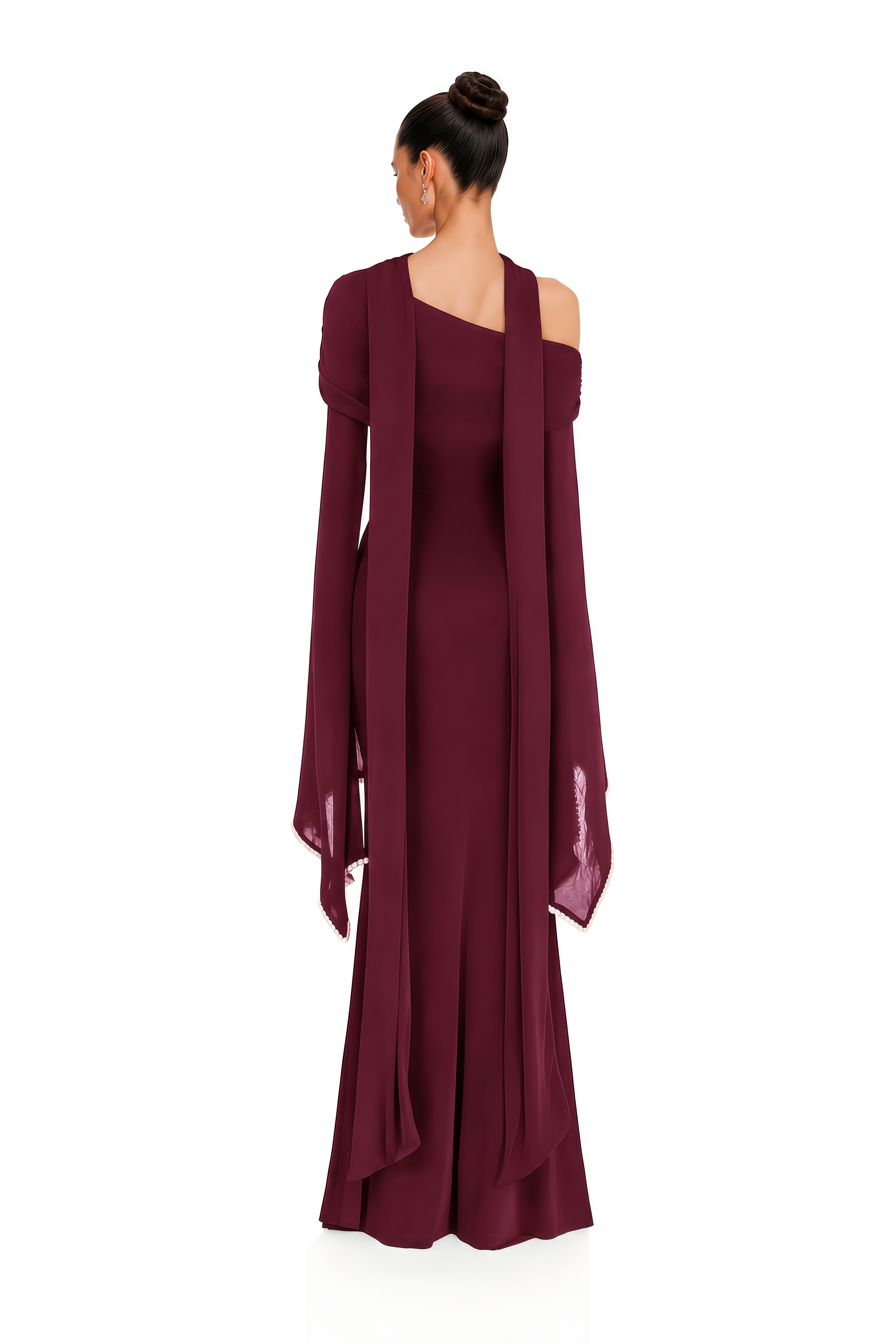 Simona Burgundy One Shoulder Pearl Trim Maxi Gown