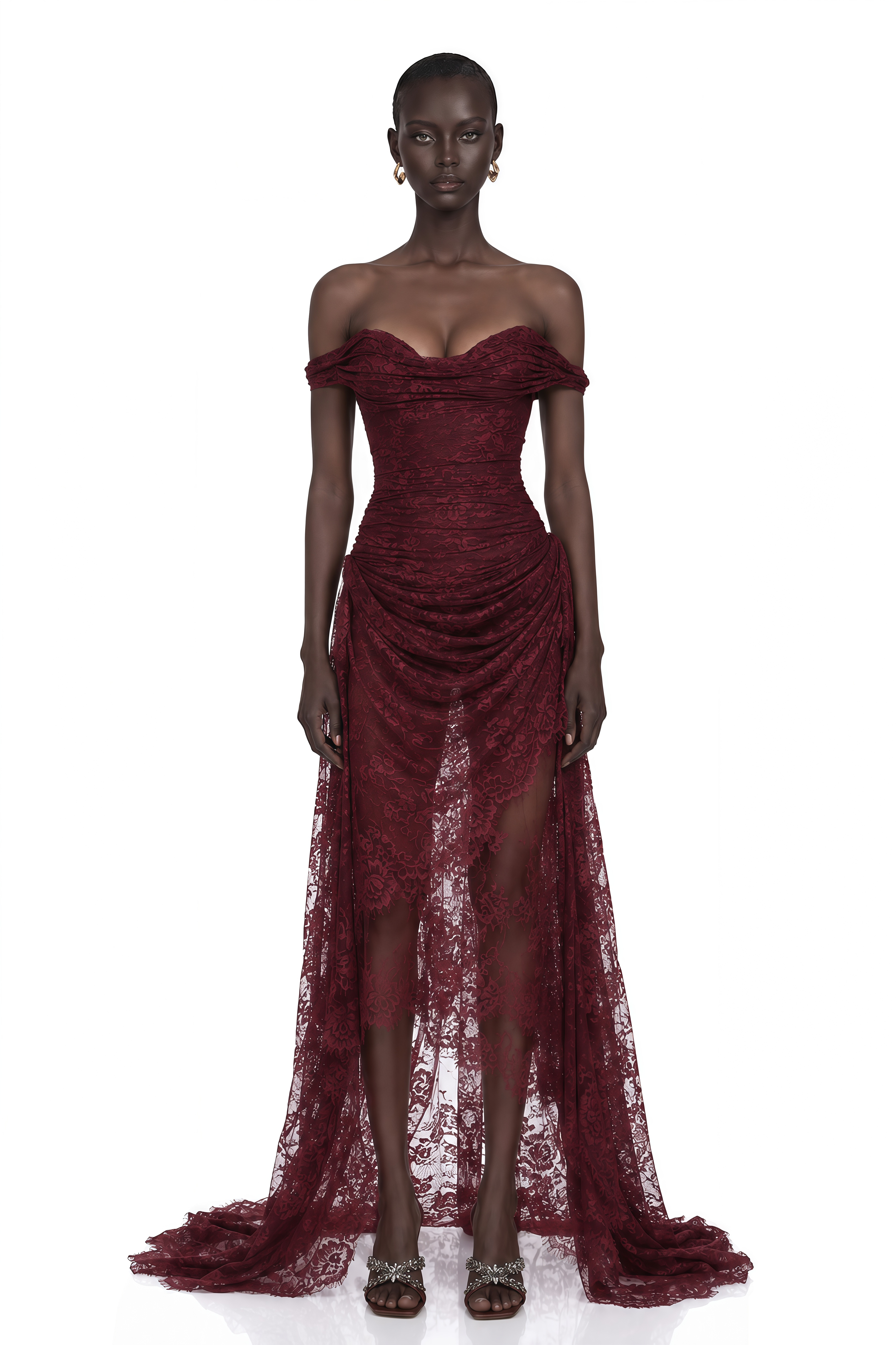 Eline Burgundy Ruched Floral Lace Gown – Miss Rosier