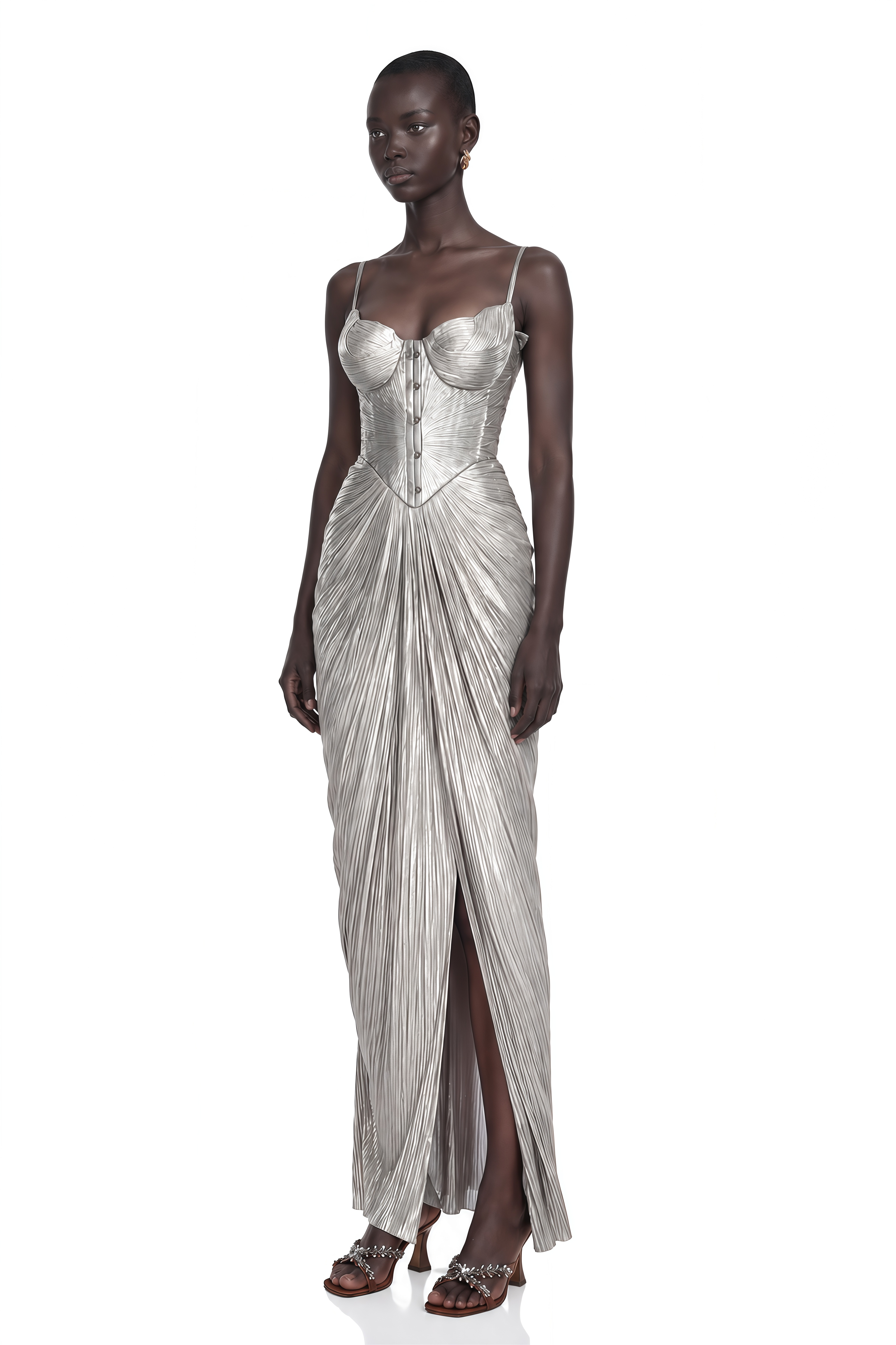 Nicoletta Silver Glossy Pleated Corset Maxi Dress