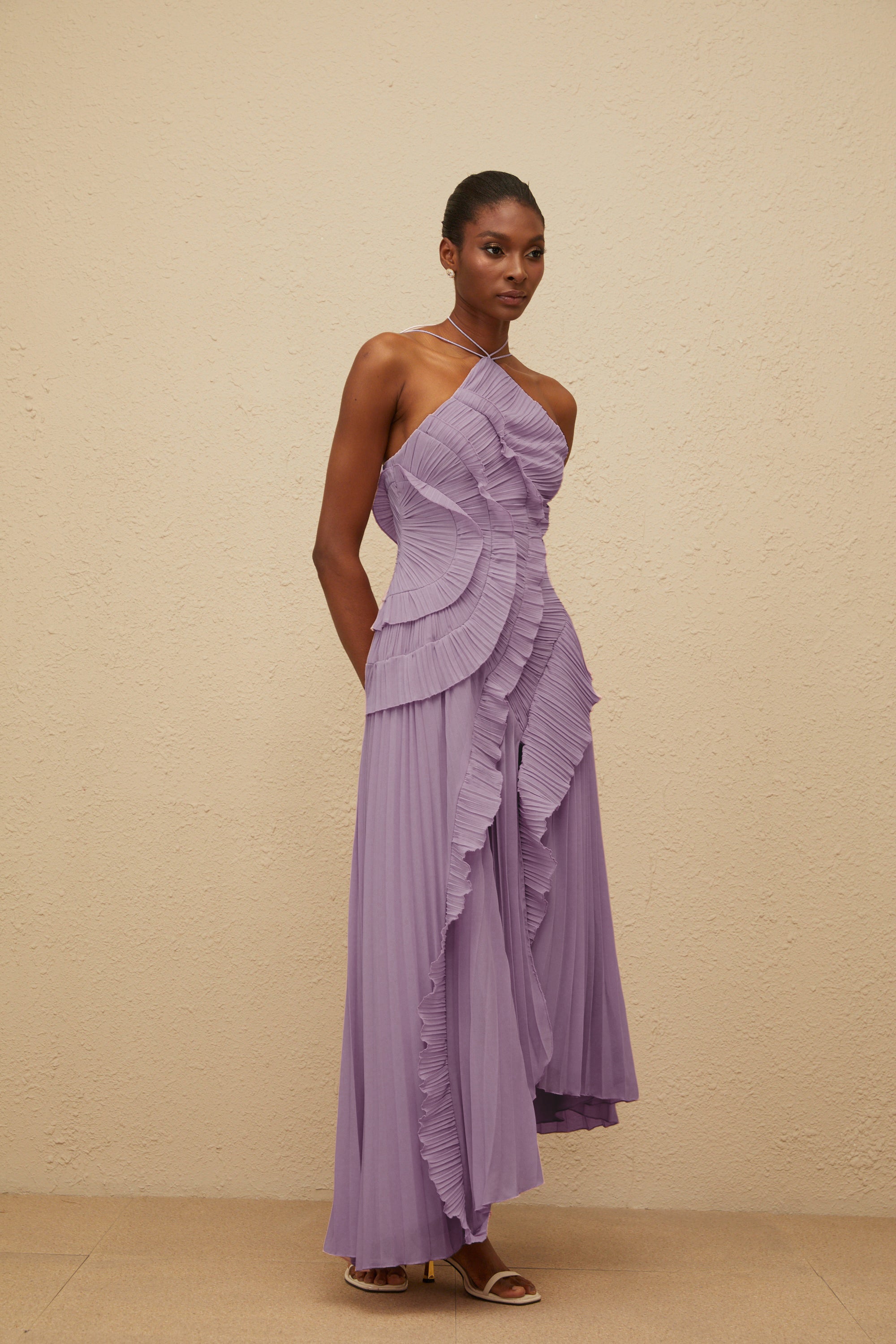 Lavender Ruffled Pleated Midi Dress