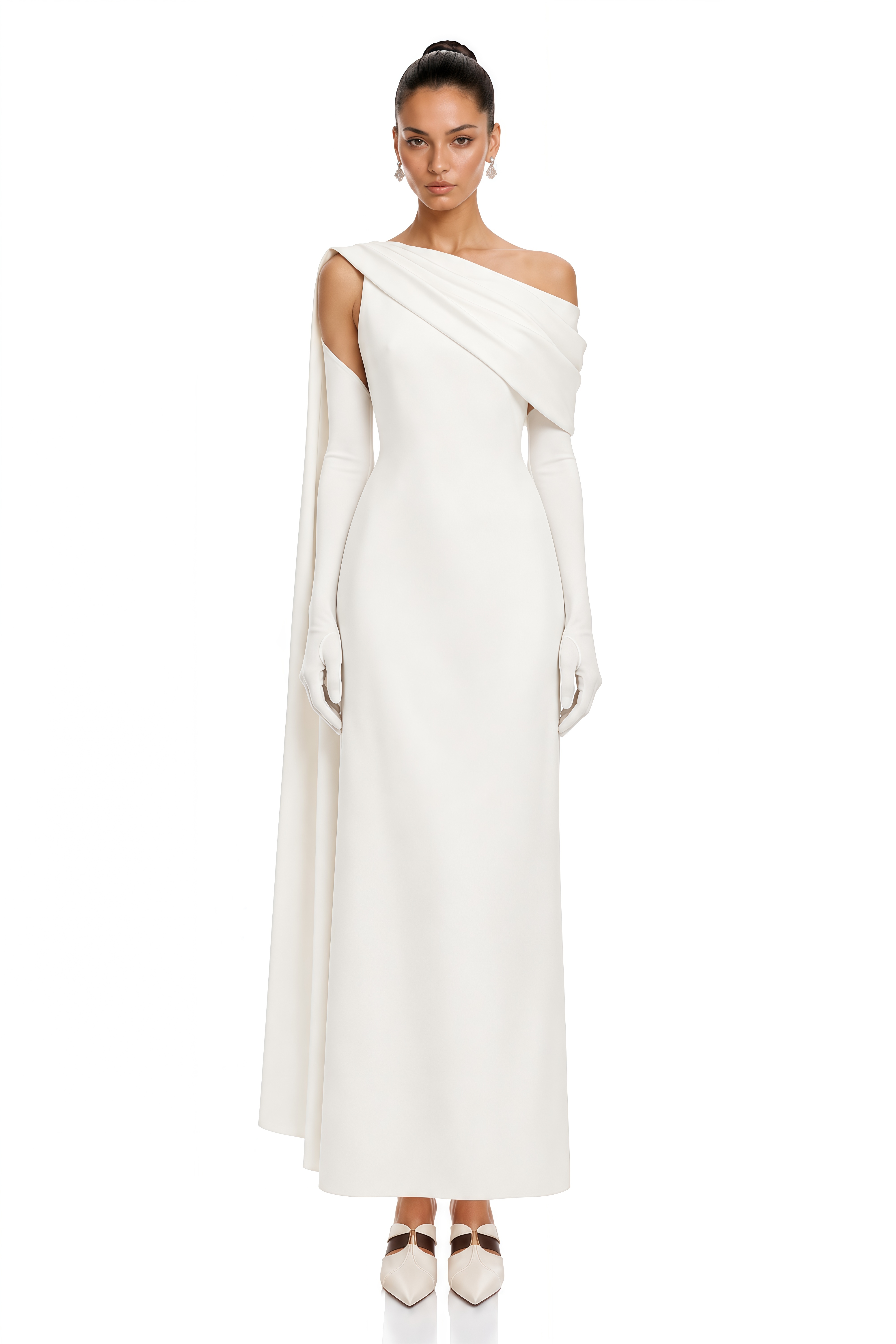 Annabelle White Cape-Design Ribbon Maxi Dress