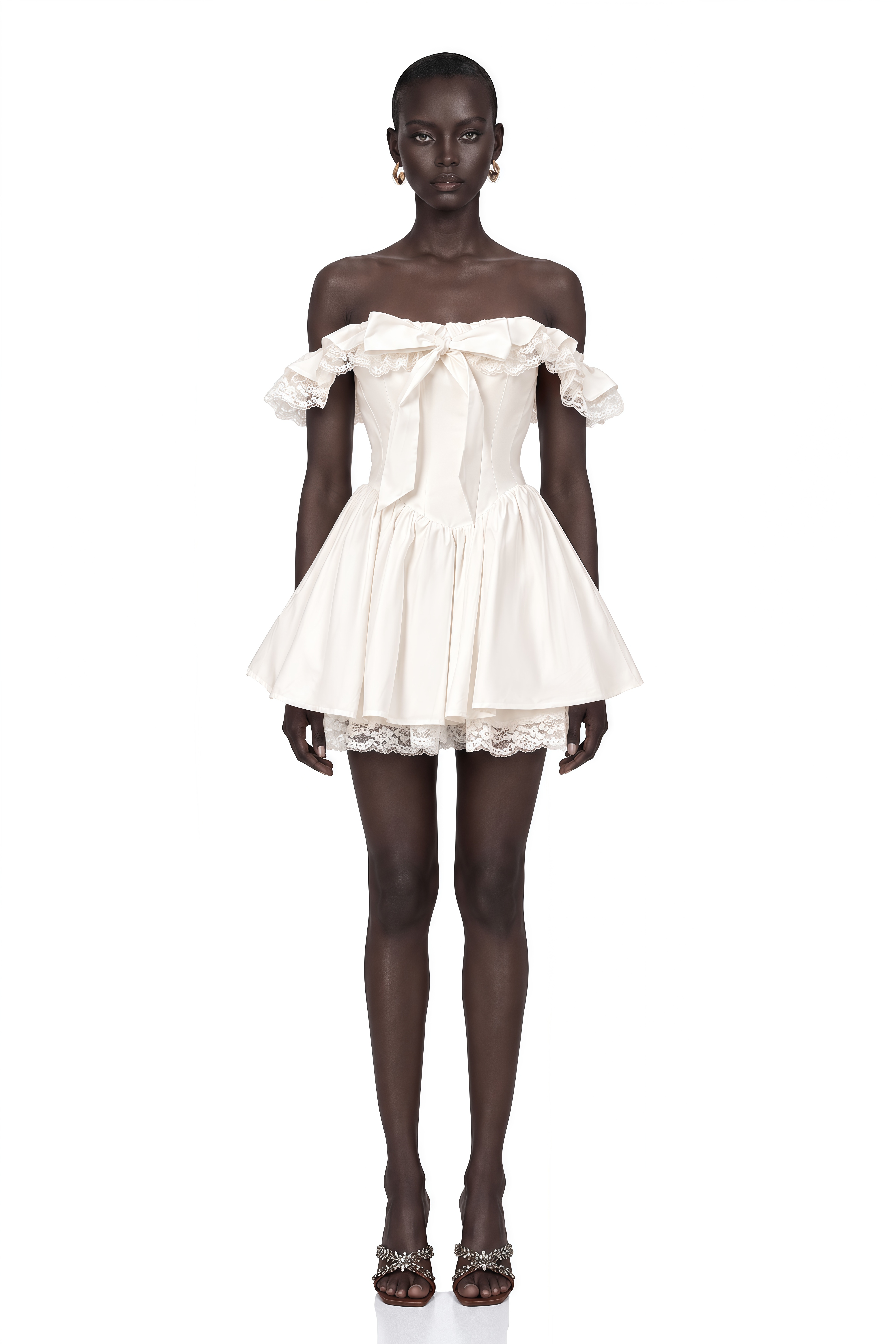 Arsène White Oversize-Bow Ruffled Mini Dress