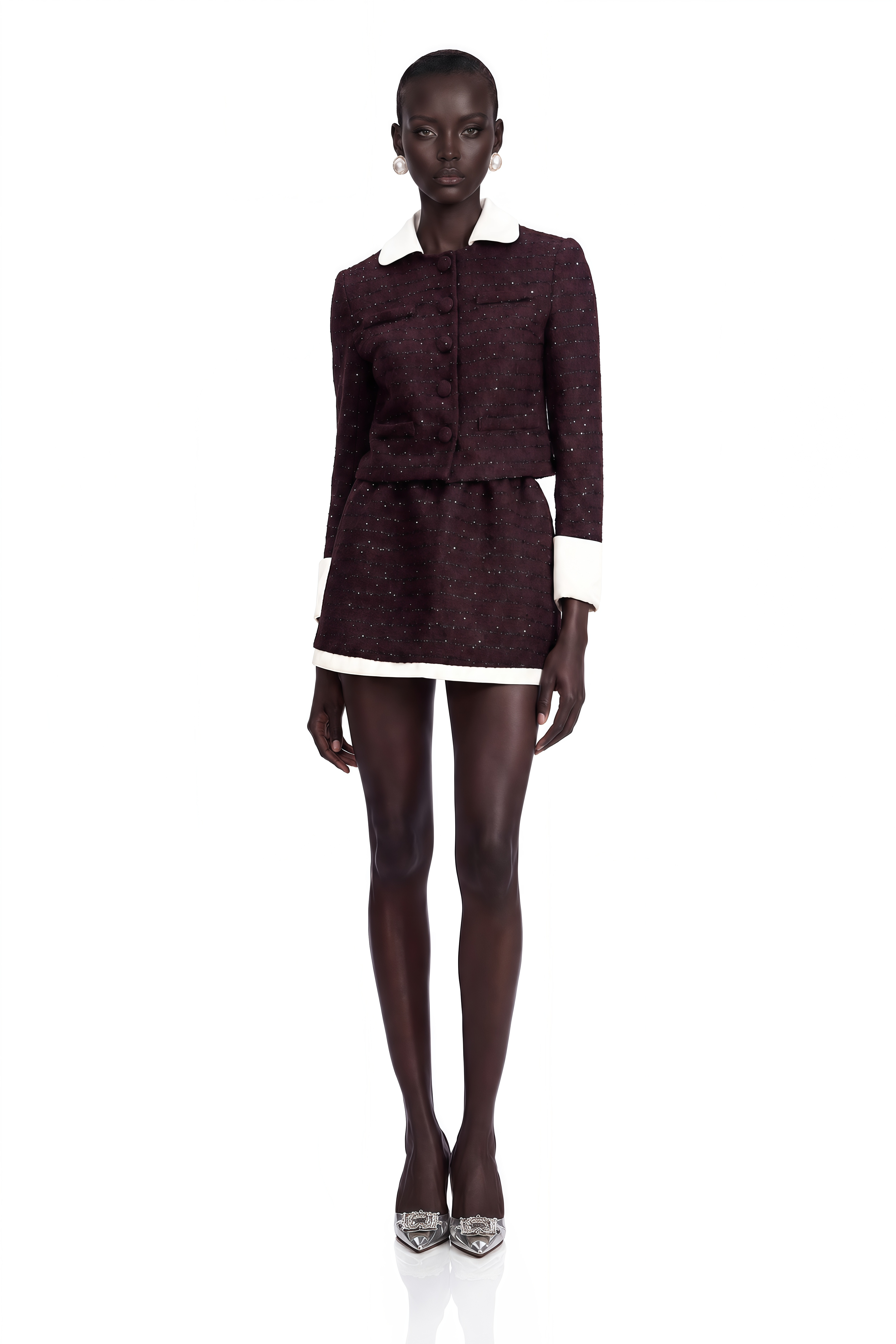 Purple tweed jacket and mini skirt set