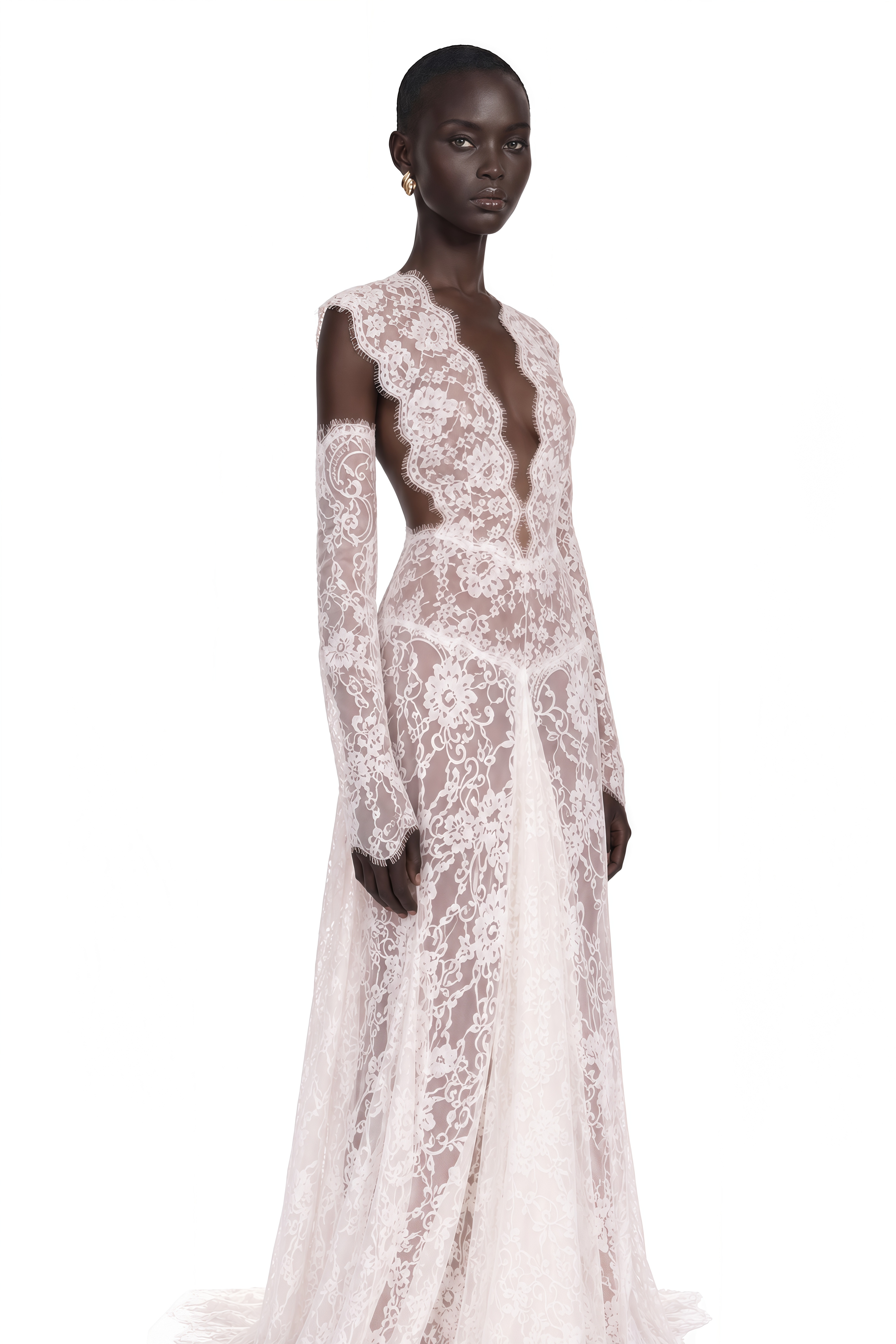 Hanna White Sheer Lace Maxi Dress with Deep V-Neck (Without Gloves)