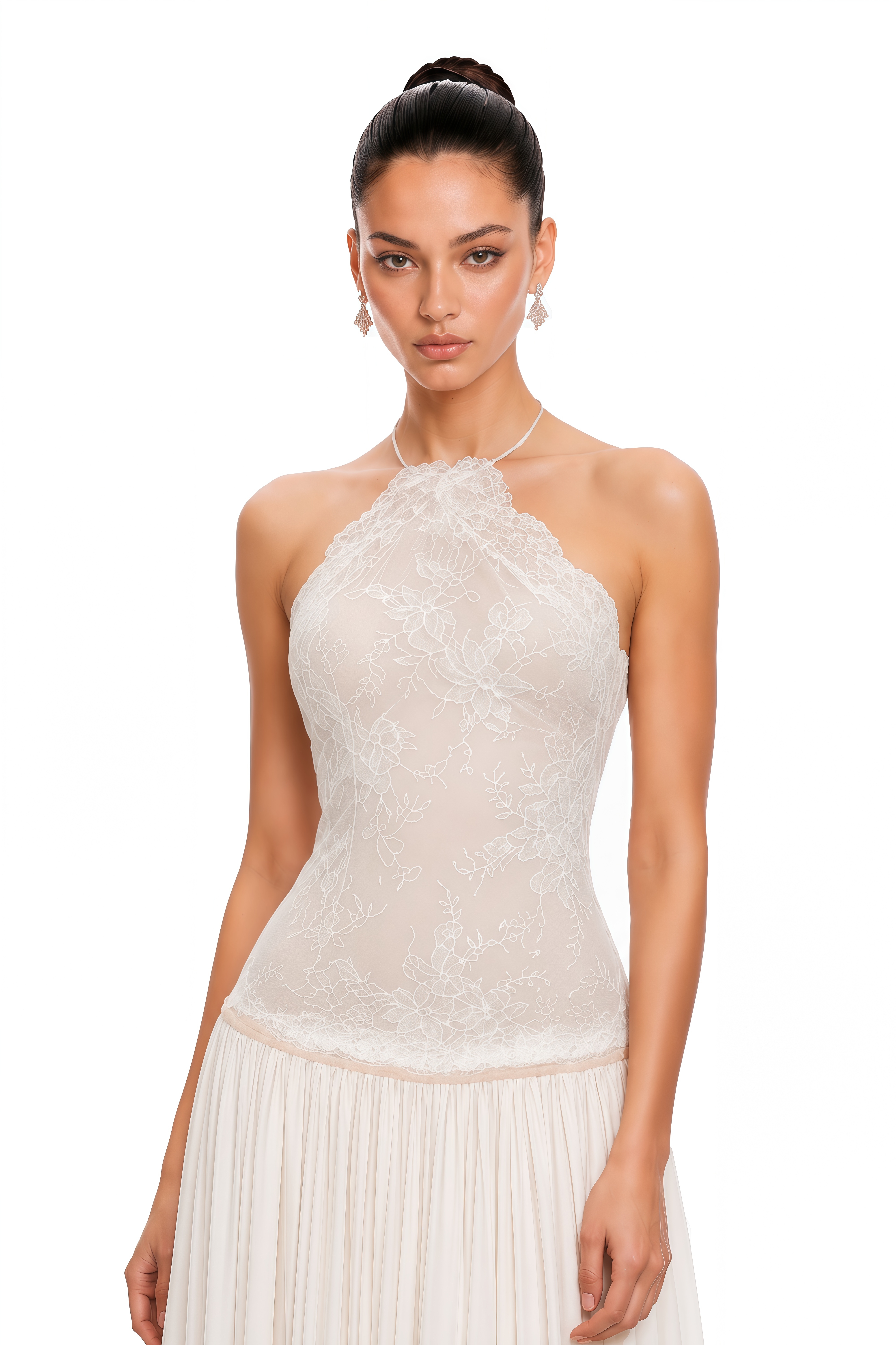 Reine White Pleated Maxi Dress with Lace Panels