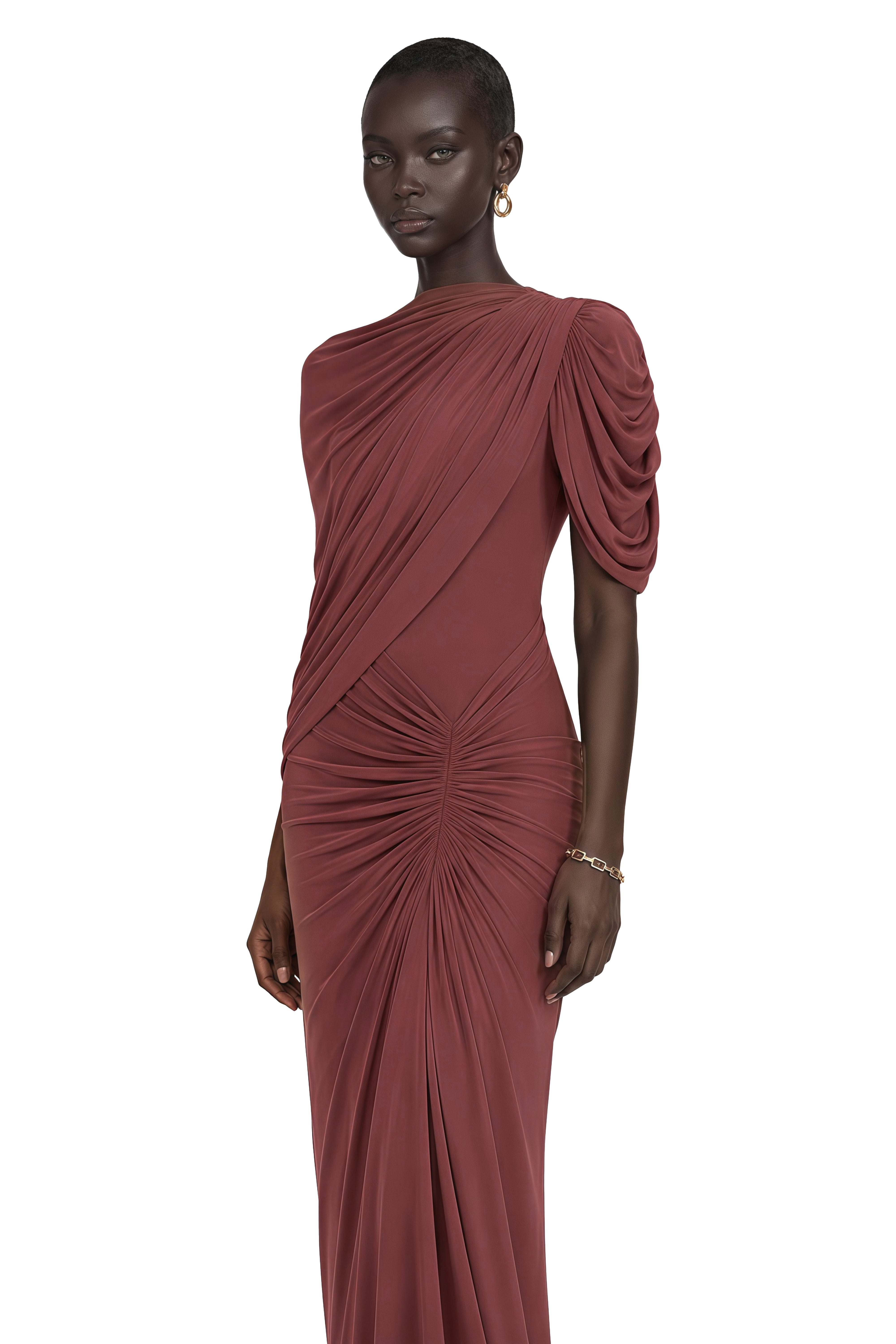 Dusty rose draped one-shoulder gown with center ruching