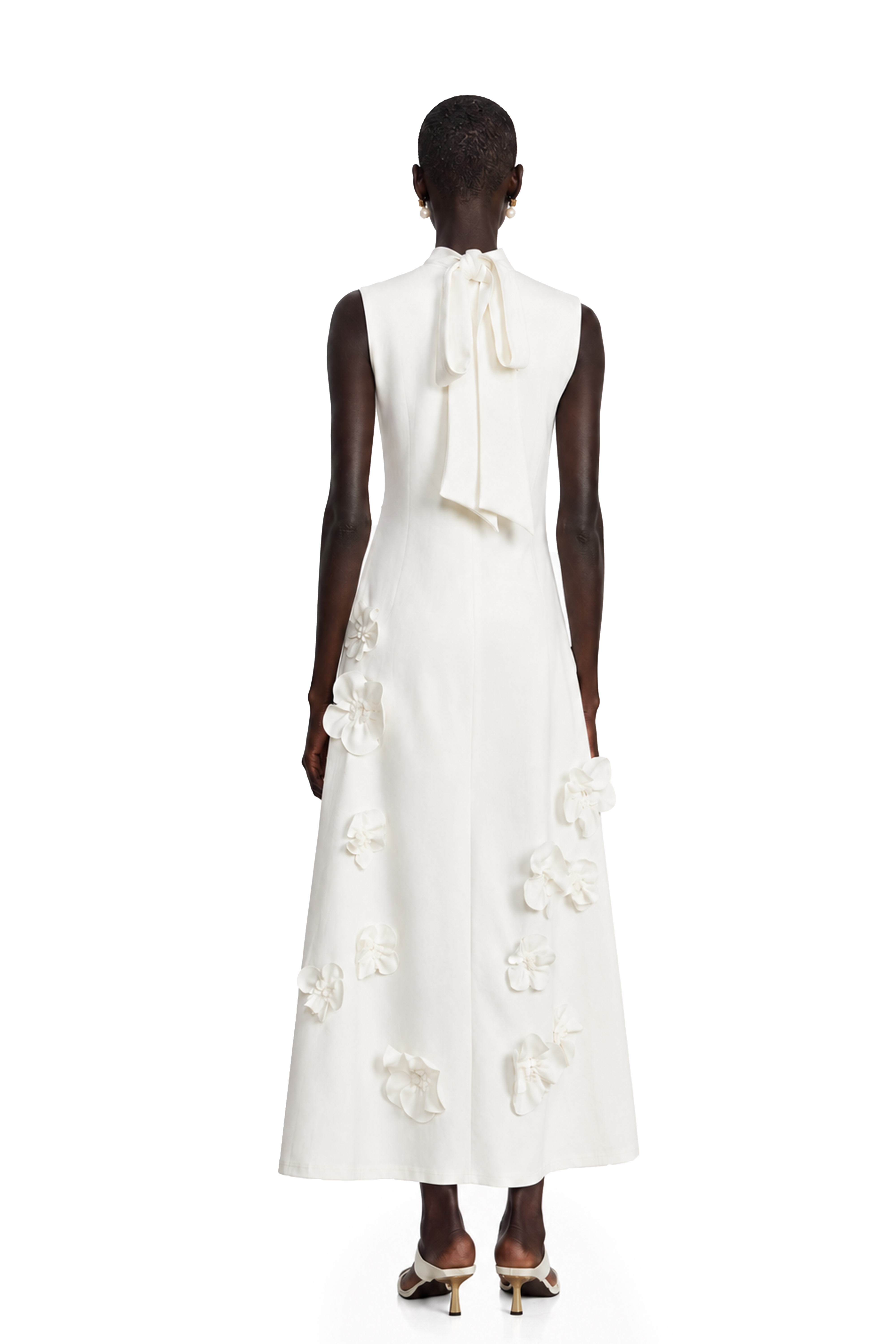 White sleeveless high-neck midi dress with 3D floral embellishments