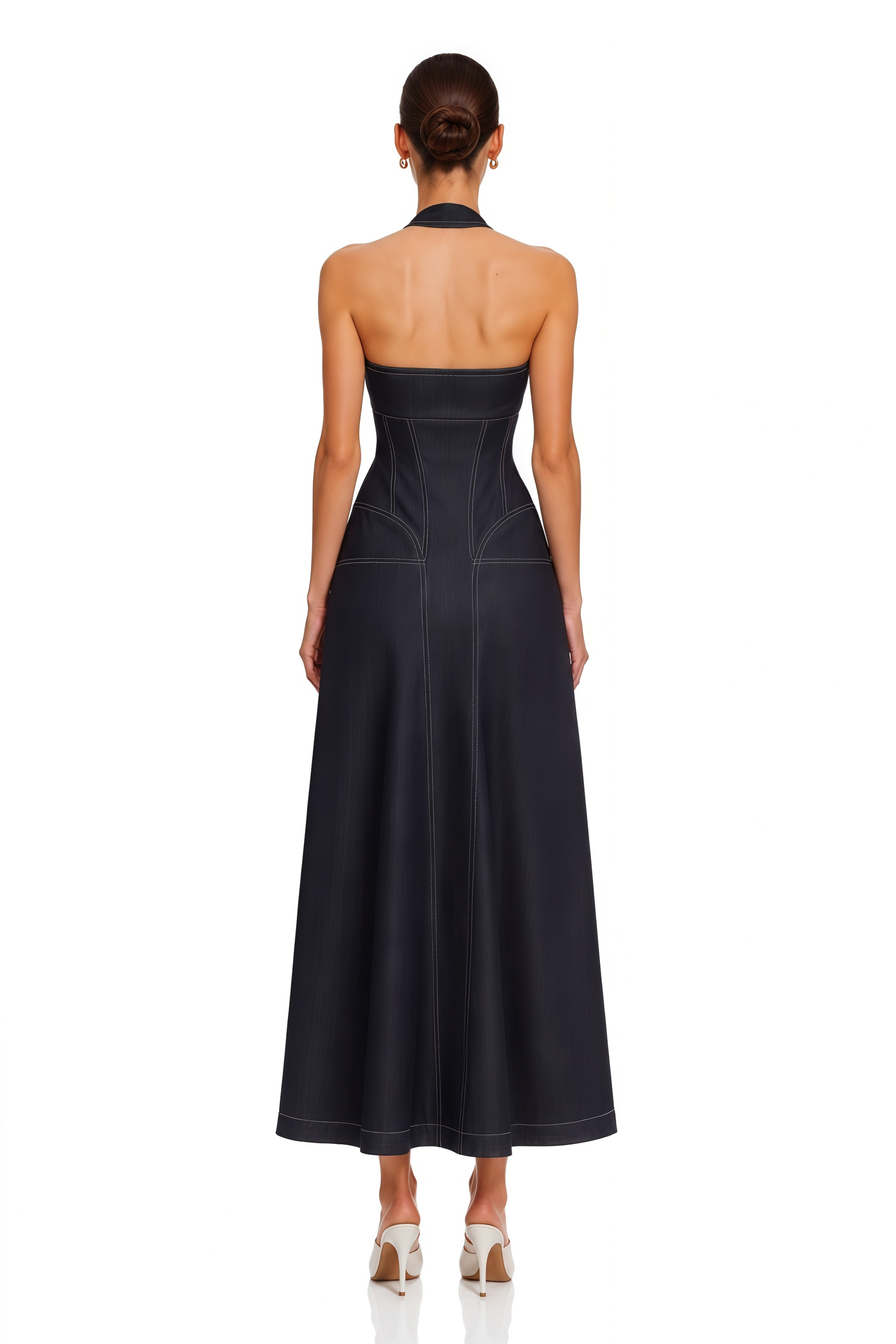 Adrienne Denim Front-Slit Contrast-Stitching Maxi Dress