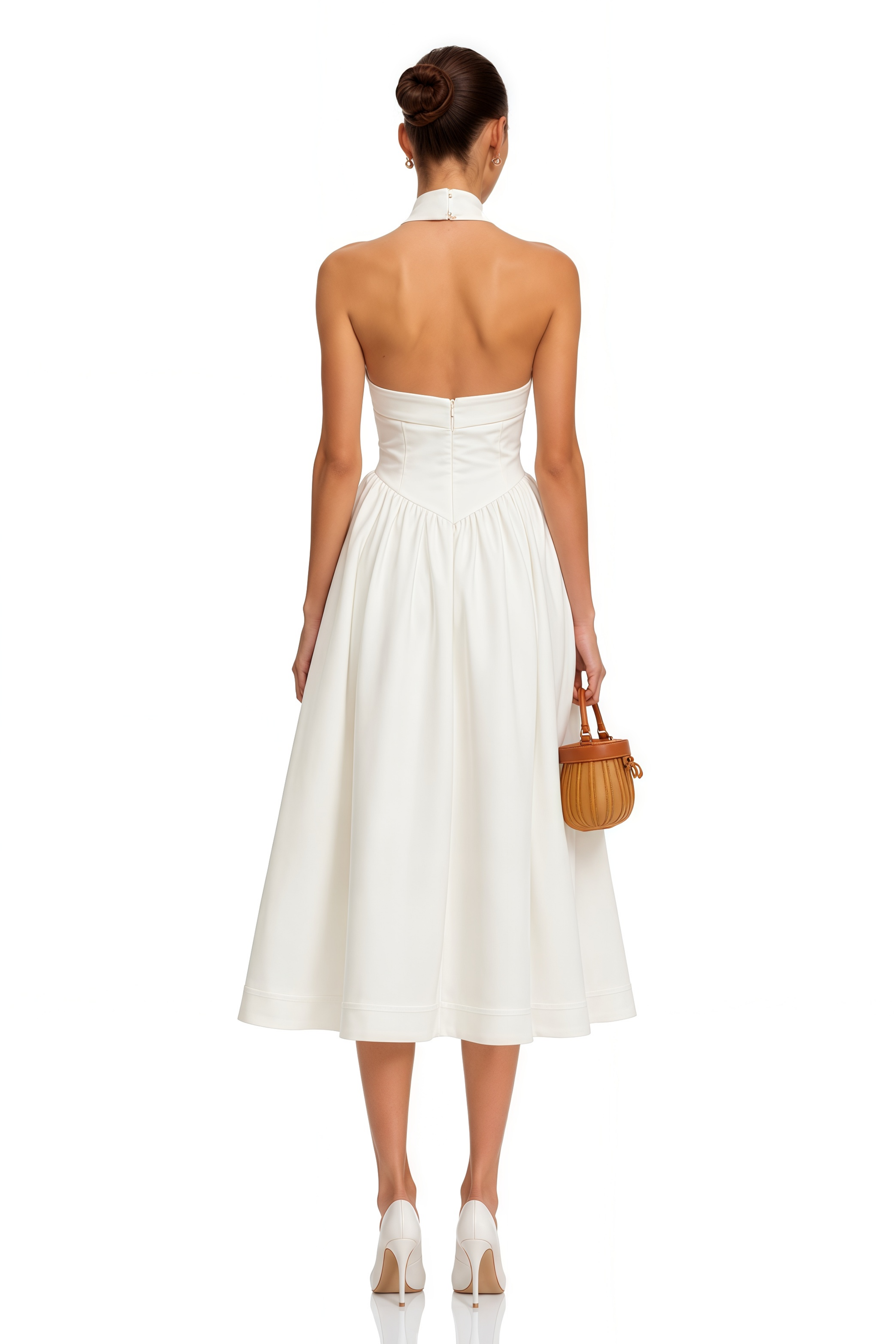 Alizée Halterneck Pleated Midi Dress in White