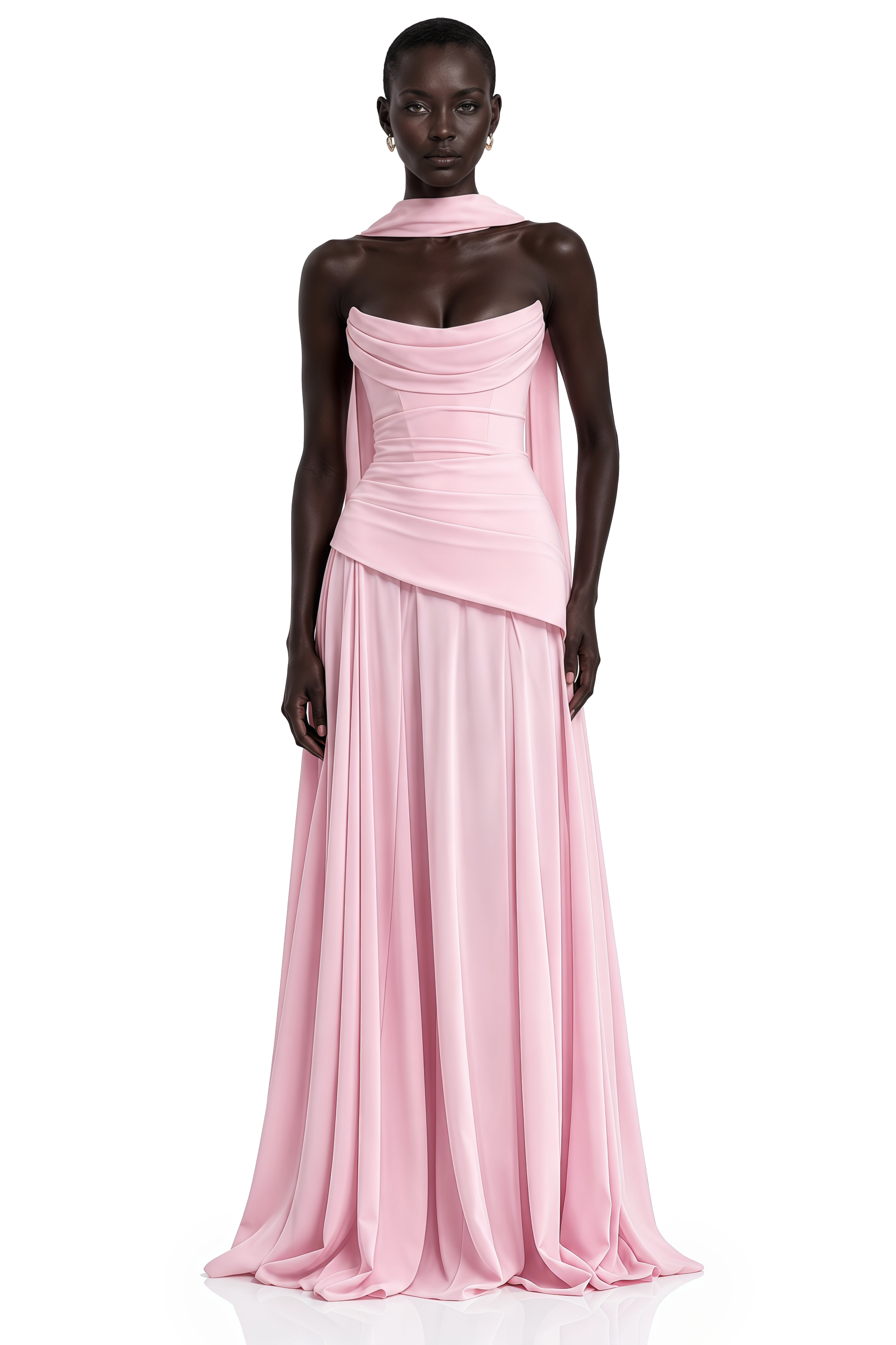 Pink strapless gown with a matching neck scarf