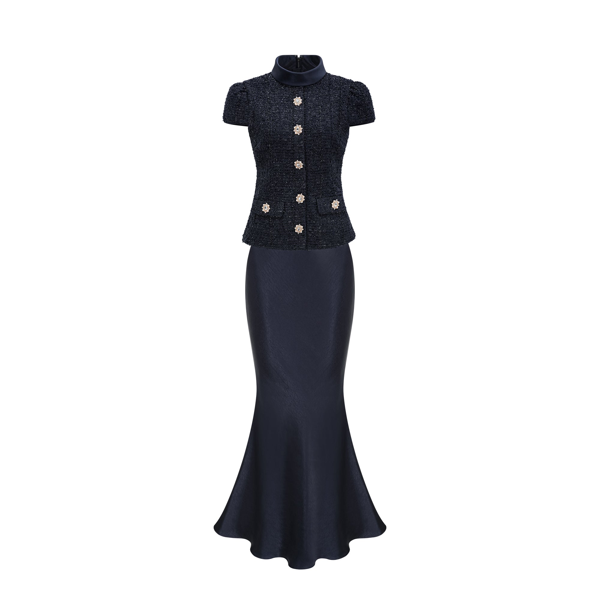 Navy blue short-sleeve maxi dress with a peplum jacket bodice and satin skirt