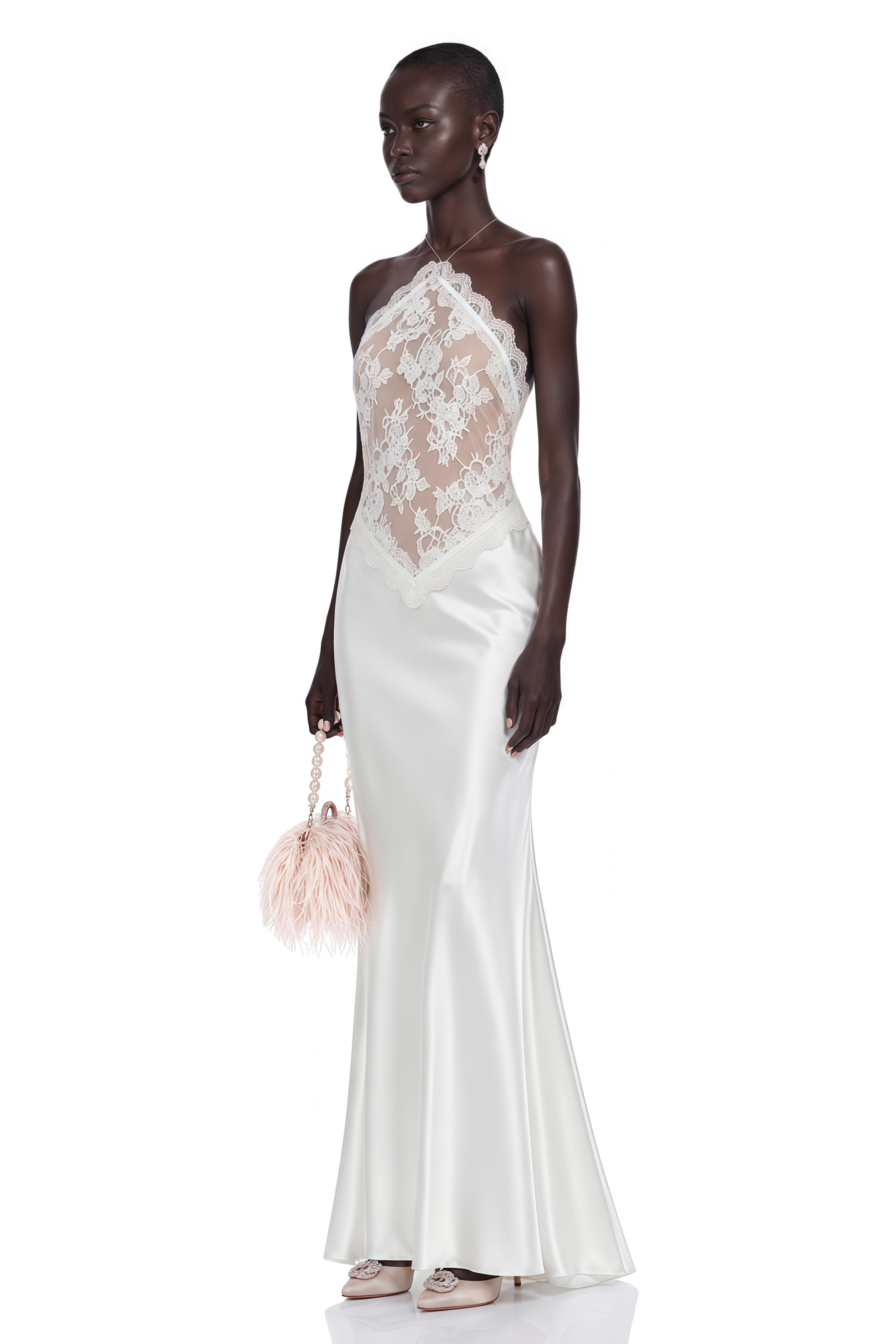 Selene White Lace Panel Satin Maxi Dress